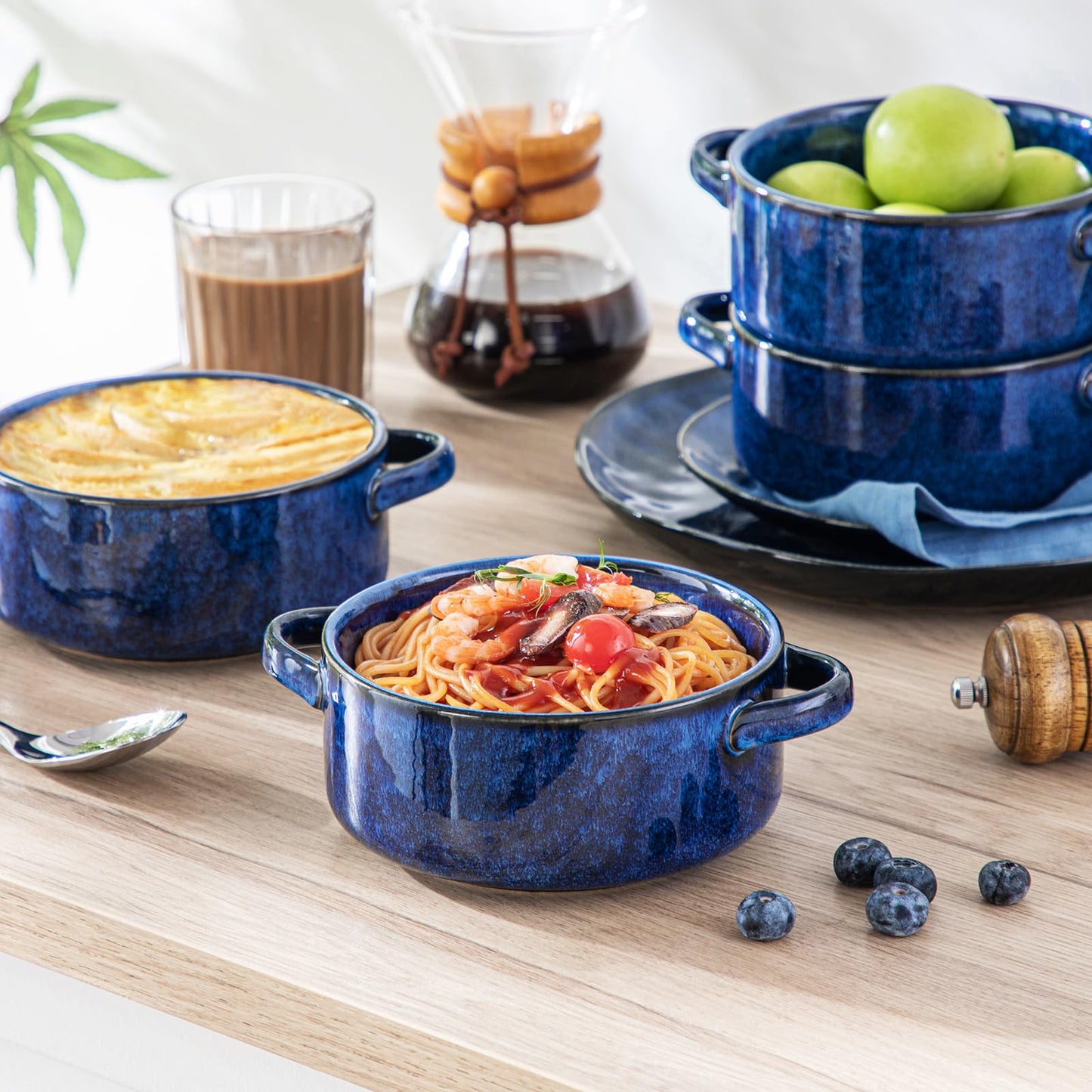 vancasso Starry Soup Bowls with Handles, 30 Oz French Onion Soup Bowls, Oven safe soup bowls for Cereal, Pasta, Chilli, Stew, Large Soup Crocks Set of 4, Blue