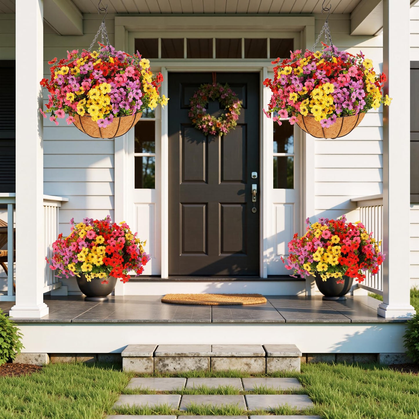 Wanderroot Artificial Outdoors Flowers with Hanging Basket, UV Resistant Fake Hanging Flowers, Faux Silk Plants with Planters for Porch Home Patio Balcony Yard (Rose Red, Purple, Yellow, Red)