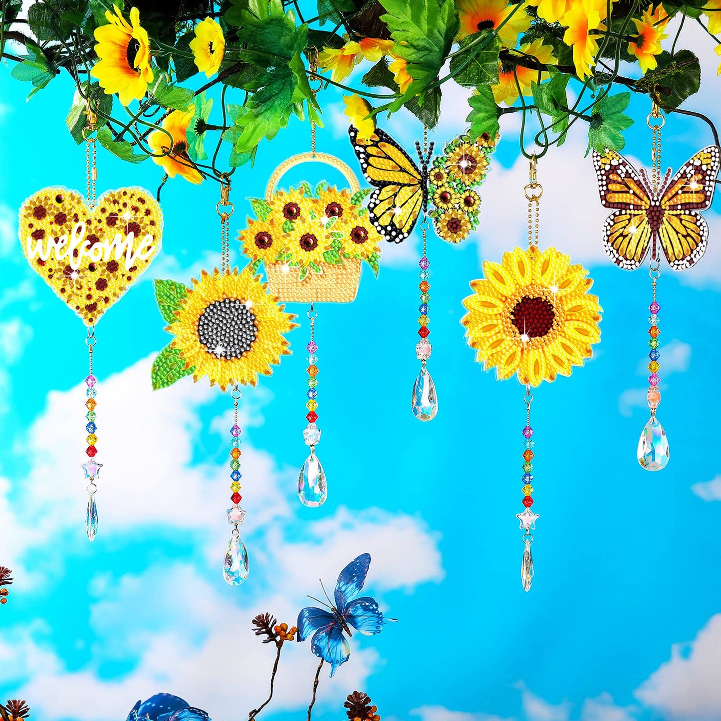 Tradder 6 Pcs Sunflower Diamond Art Kits Suncatchers for Adults Sunflower Wind Chimes Double Sided Butterfly Ornaments with Crystal Pendant for Adults DIY Summer Home Garden Hanging Ornament