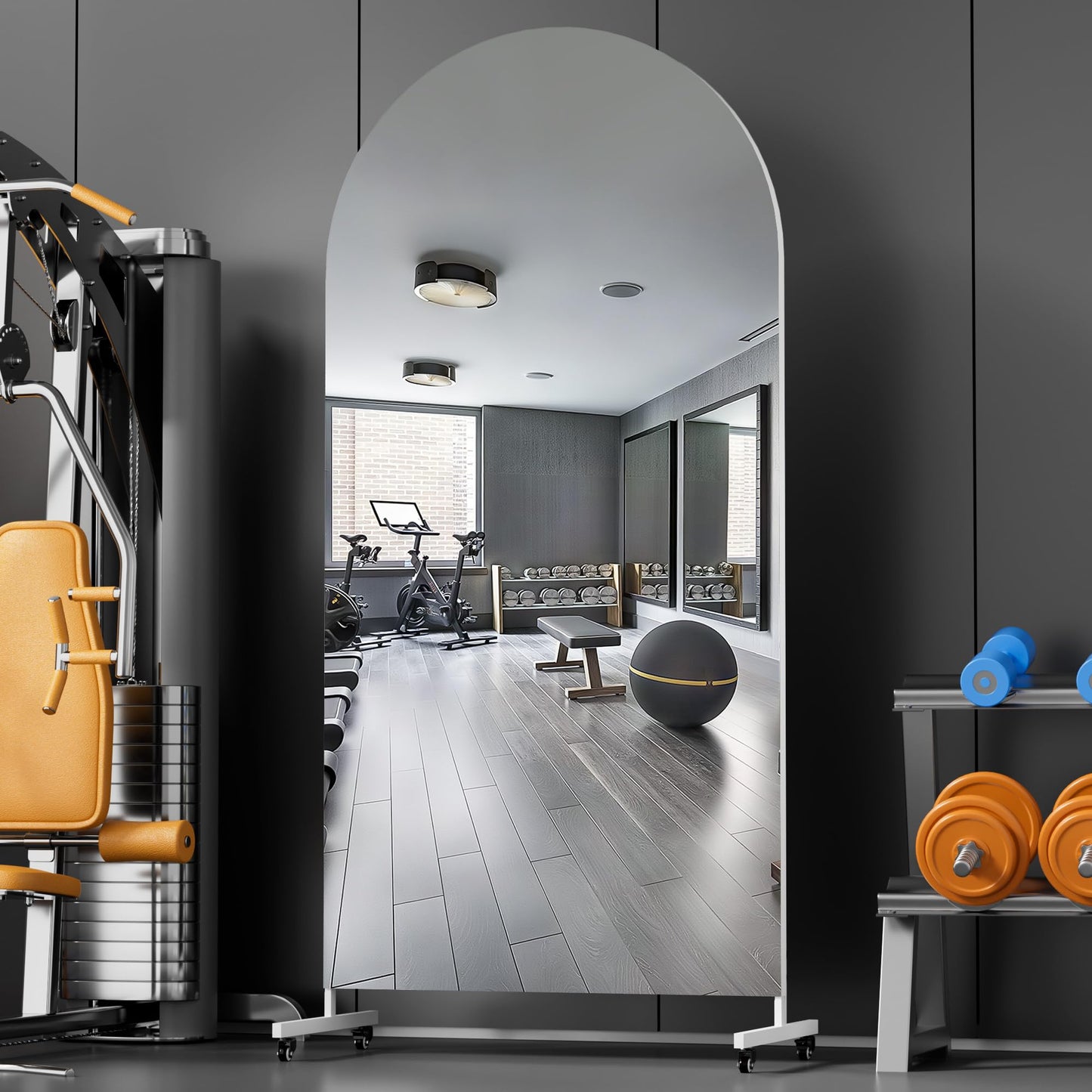 Hasipu 67" x 40" Arched Rolling Home Gym Mirror with Wheels, 360° Swivel Body Mirror with HD Tempered Glass, Large Floor Mirror for Yoga Room, Dance Studio, Bedroom & Home Gym