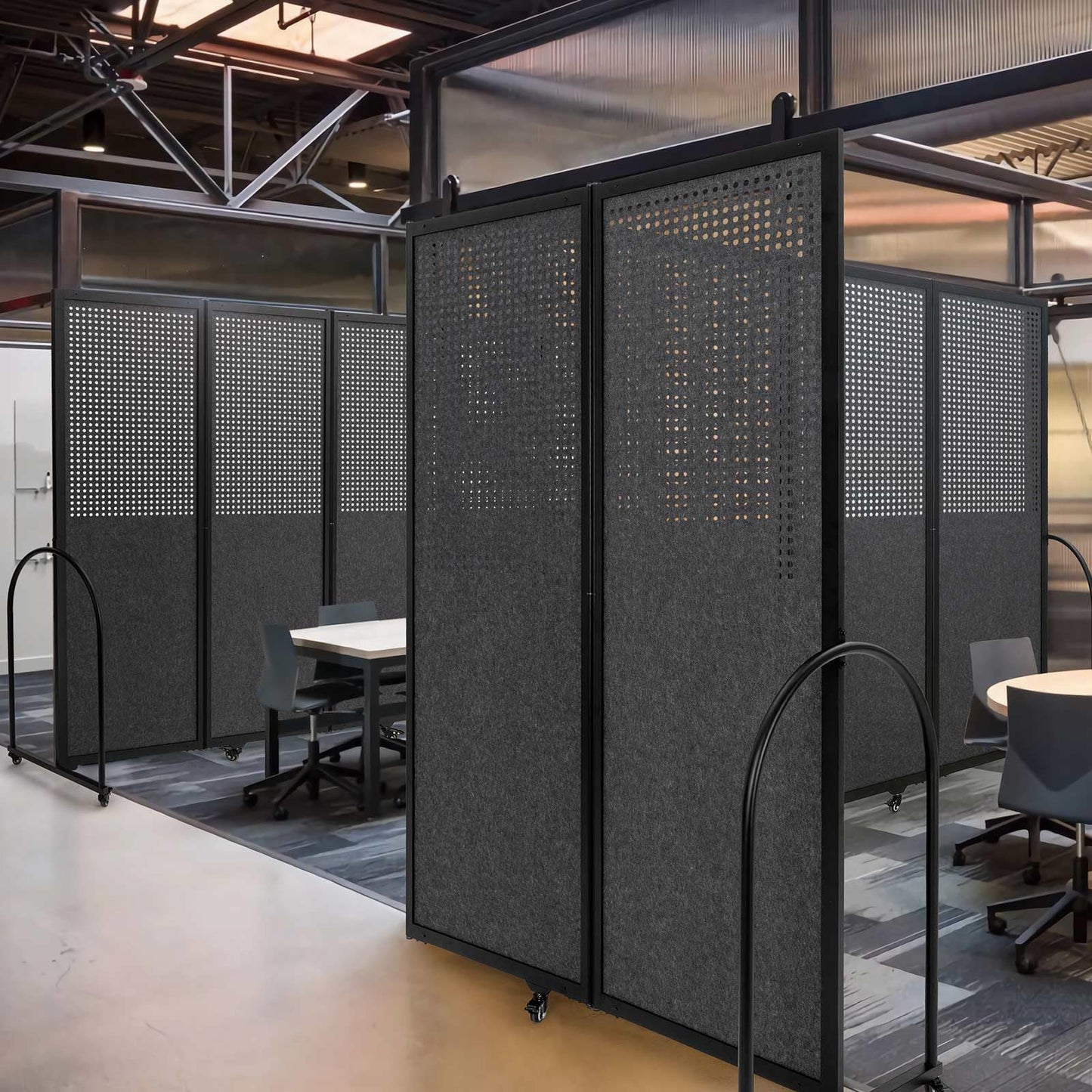 Folding Room Partition,Freestanding Privacy Divider,Portable Office Divider Wall,Commercial Space Partition Screen,Perforated Felt Panel Design,14'3"L* 6'7"H,7 Panel,Dark Grey
