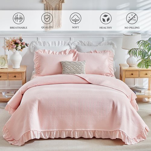 Flysheep Pink Ruffle Quilt Set Twin Size, 2 Pieces Shabby Chic Farmhouse Striped Bedspread Coverlet Set, Solid Lightweight Soft Microfiber Bed Cover for Kids (1 Ruffled Quilt + 1 Pillow Sham)