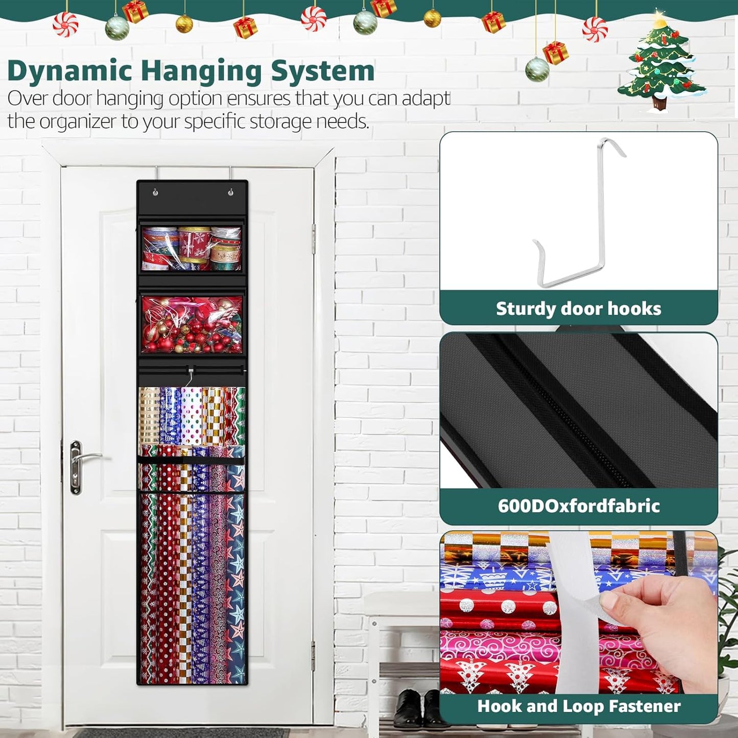 Woodoulogy Wrapping Paper Organizer - Double-Sided Gift Wrap Roll Holder | 63"x13" Over Door Storage, Black
