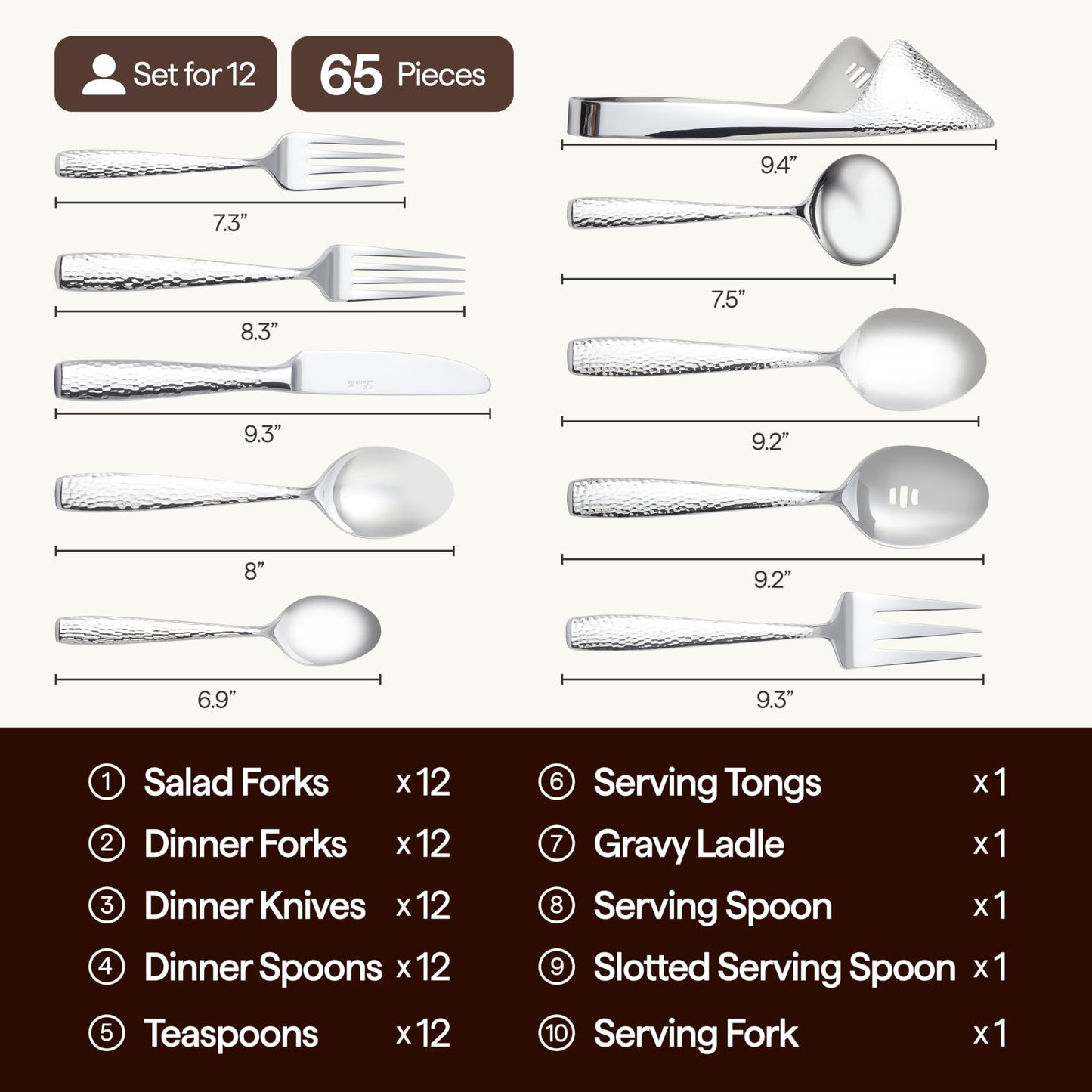 Luciella Ponza Flatware Set for 12, 65-Piece Stainless Steel Silverware Set with Serving Utensils, Timeless Hammered Design, Rust-Resistant, Mirror Polished & Dishwasher Safe, House Warming Gifts