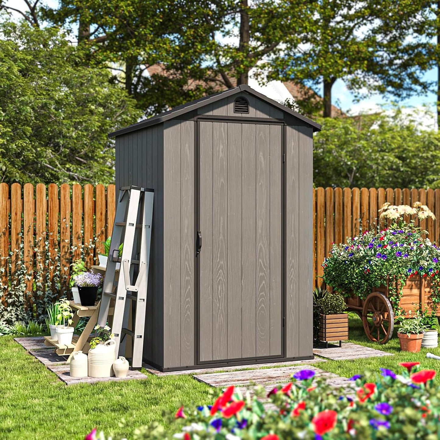 Patiowell 4' x 4' Outdoor Storage Shed with Floor, Plastic Shed Outside Resin Tool Shed with Window and Lockable Door for Backyard Garden Patio Lawn, Dark Grey (Fit-it Shed)