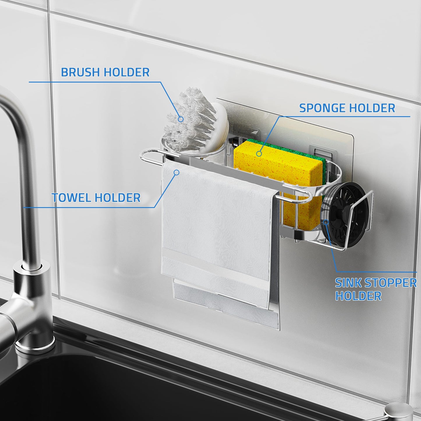 Cisily Kitchen Sink Caddy Sponge Holder in The Sink, Stainless Steel Kitchen Sink Organizer, Brush Holder, Dish Cloth Hanger, Sink Stopper Holder with 2 Installation Ways (Suction & Adhesives, Silver