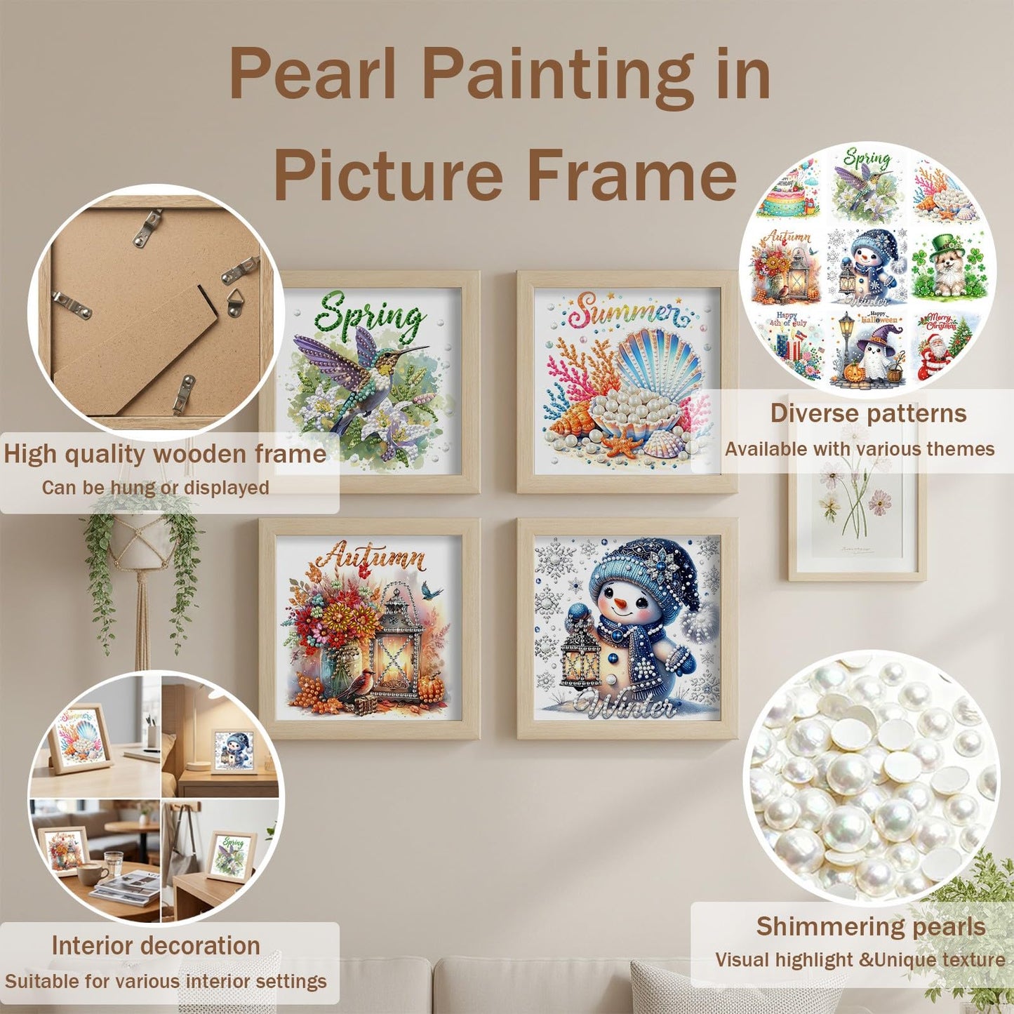 DIYDeligths 9Pcs Interchangeable Seasonal Holiday Pearl Painting Kit DIY Diamond Art Craft Wood Frame for Home Desktop Wall Decor (Seasons Festivals)