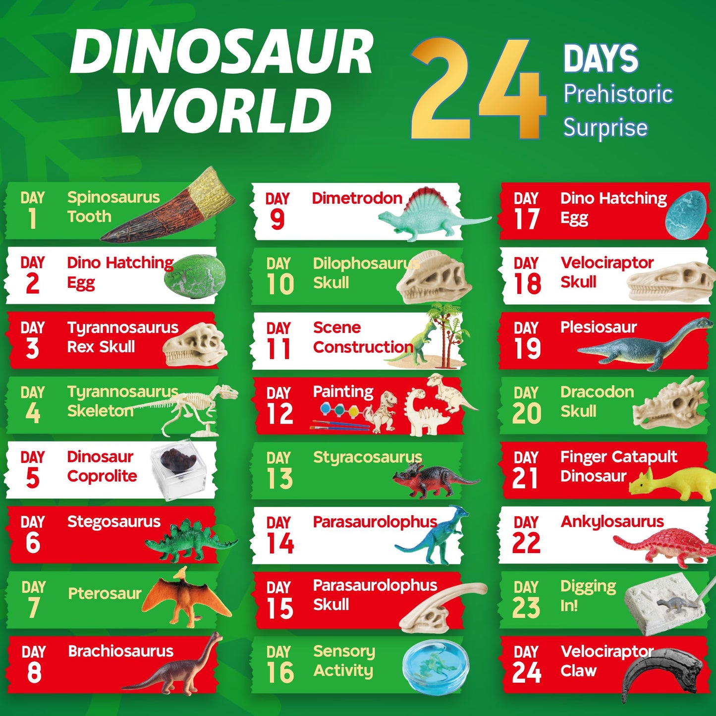 Dinosaur World Advent Calendar for Kids - 24 Days Prehistoric Surprise Christmas Countdown with Dino Figurines, Fossil Dig, Painting, Ideal Xmas Gift for Boys Girls