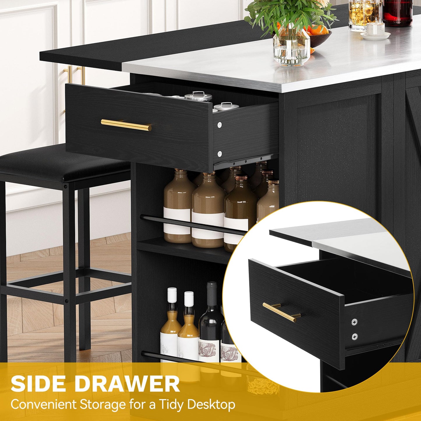 DWVO Kitchen Island with Seating and Stainless Steel Countertop, 47'' Rolling Garbage and Recycling Island with Folding Drop Leaf, Tilt-Out Trash Cabinet for 13-Gallon Bin, 2-Tire Spice Rack, Black