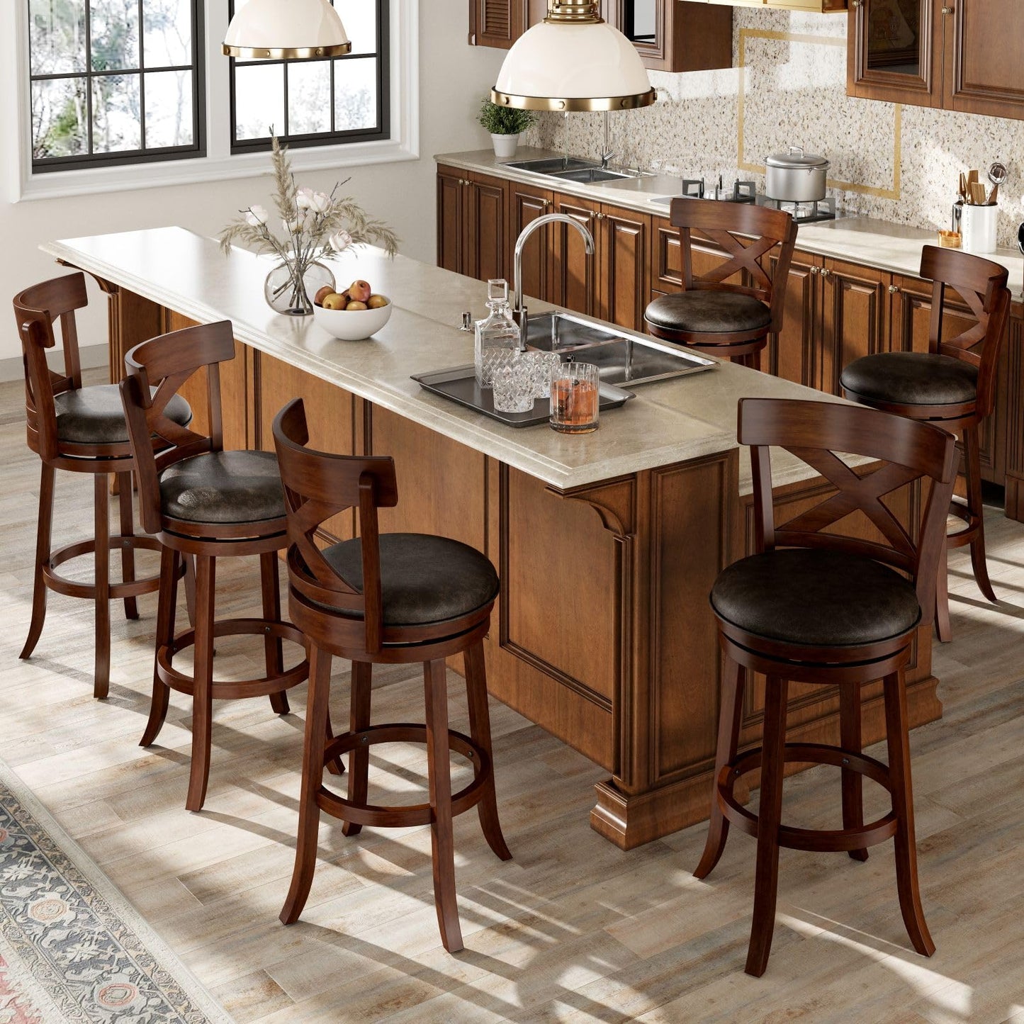 Sophia & William Swivel Bar Stools Set of 4, 30 Inch Bar Height Barstools with Cross Back & Solid Wood Legs,Faux Leather Kitchen Stools, Brown