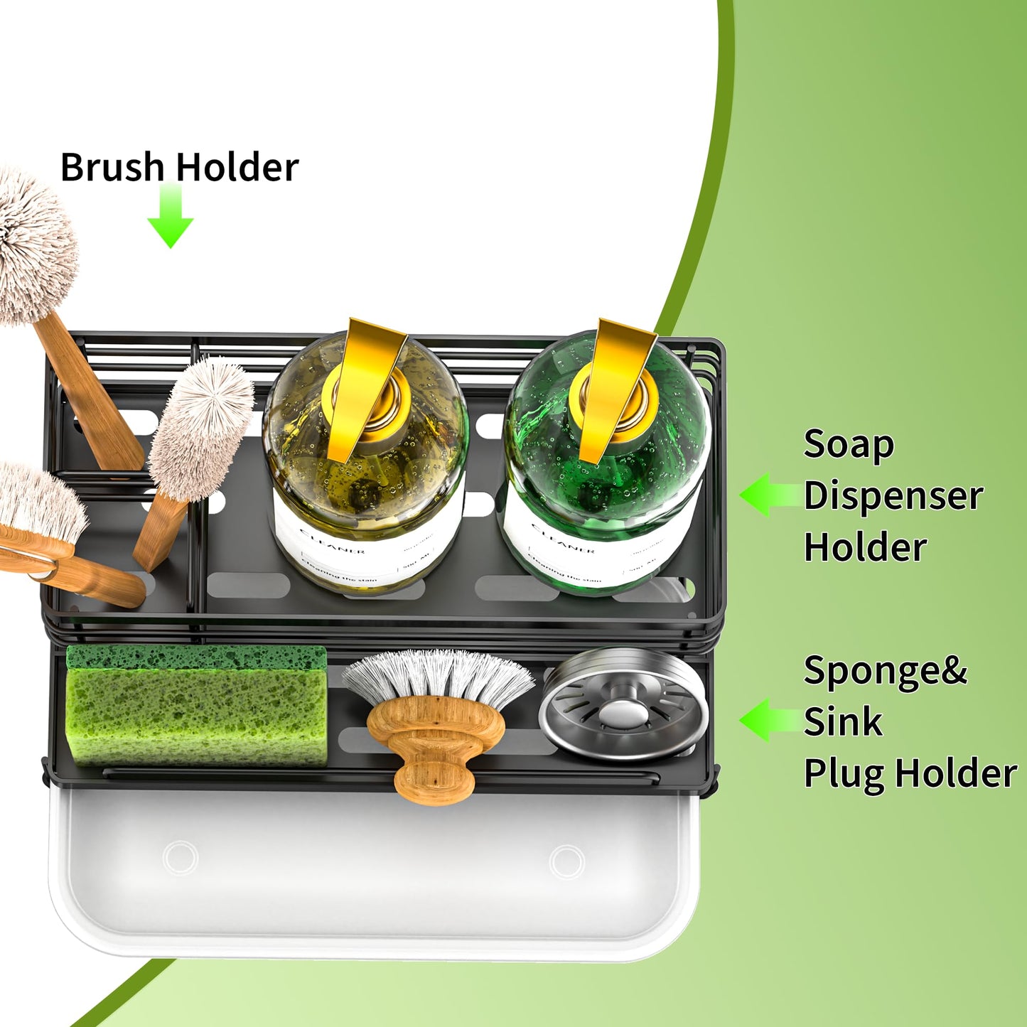 Cisily Black Sponge Holder for Kitchen, Sink Caddy Sink Organizer Rack for Kitchen Accessories with Drip Tray, Rustproof and Non-slip, Soap Dispenser Countertop Organizer Essentials for New Home