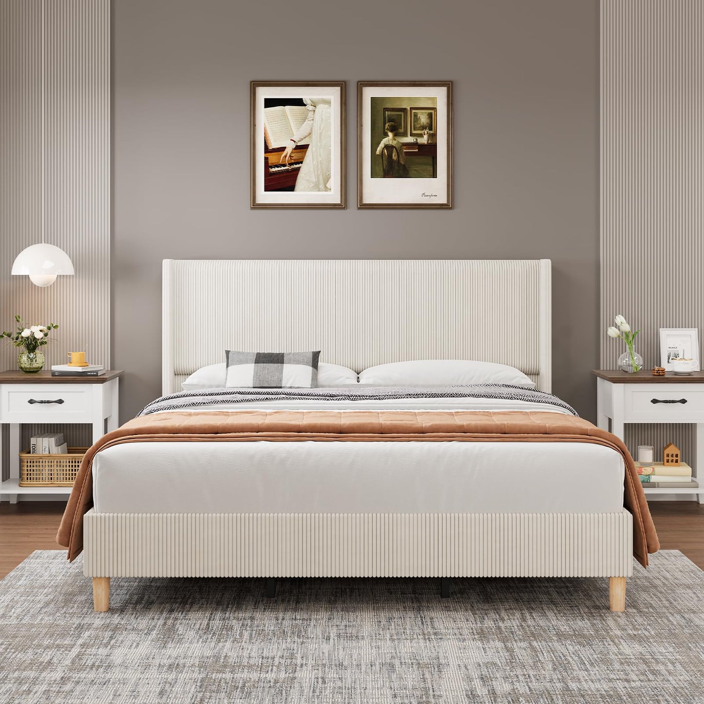 GarveeLife King Size Corduroy Upholstered Bed Frame, 50.4" Wingback Headboard with Sponge Padding, Wooden Slats Support, Noise‑Free, No Box Spring Needed, Beige