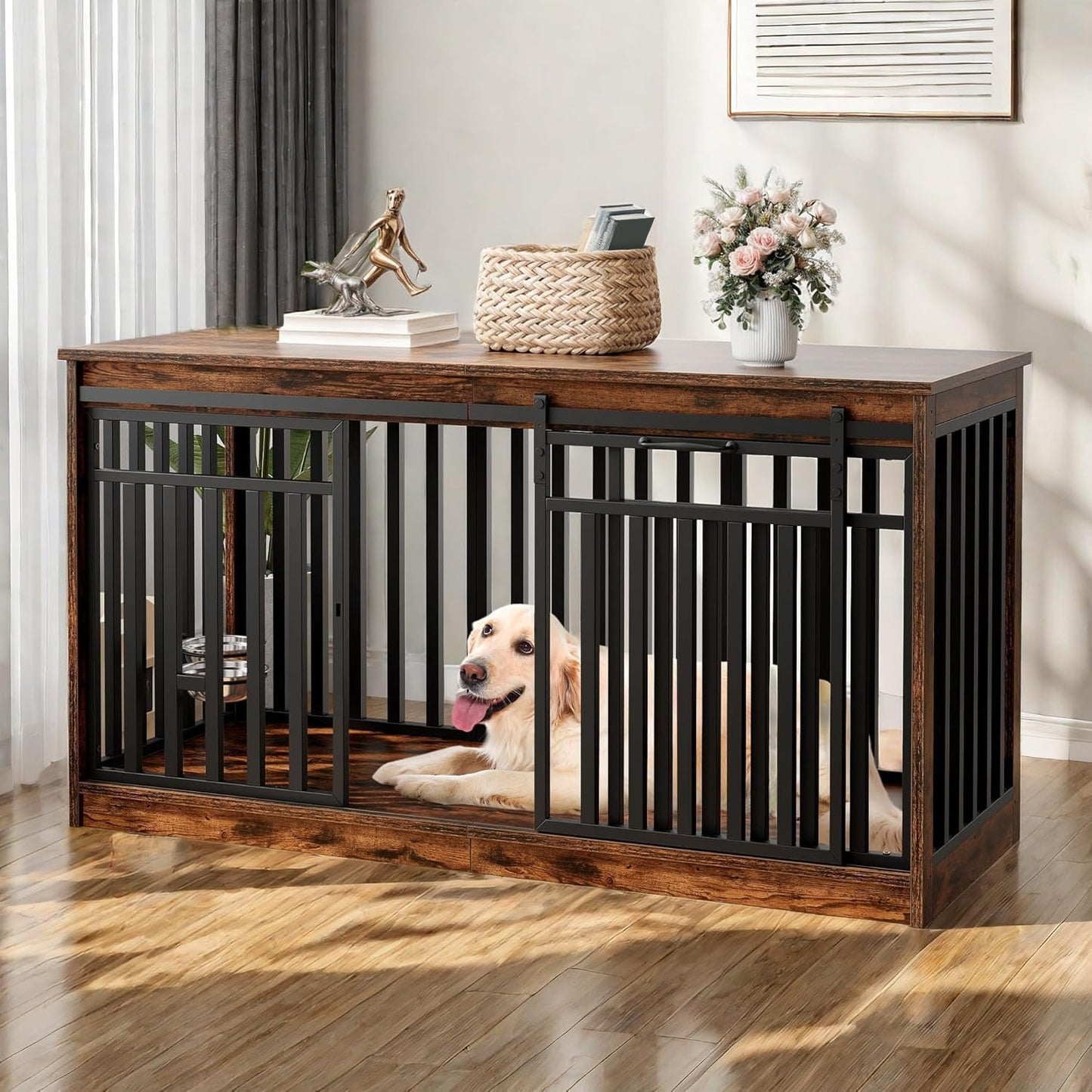 YITAHOME 55 Inch Large Dog Crate Furniture, Heavy Duty Wooden Dog Crate TV Stand with 2 Dog Bowls, Metal Dog Kennel Indoor Furniture Sliding Barn Door Design for Extra Large Dogs, Rustic Brown
