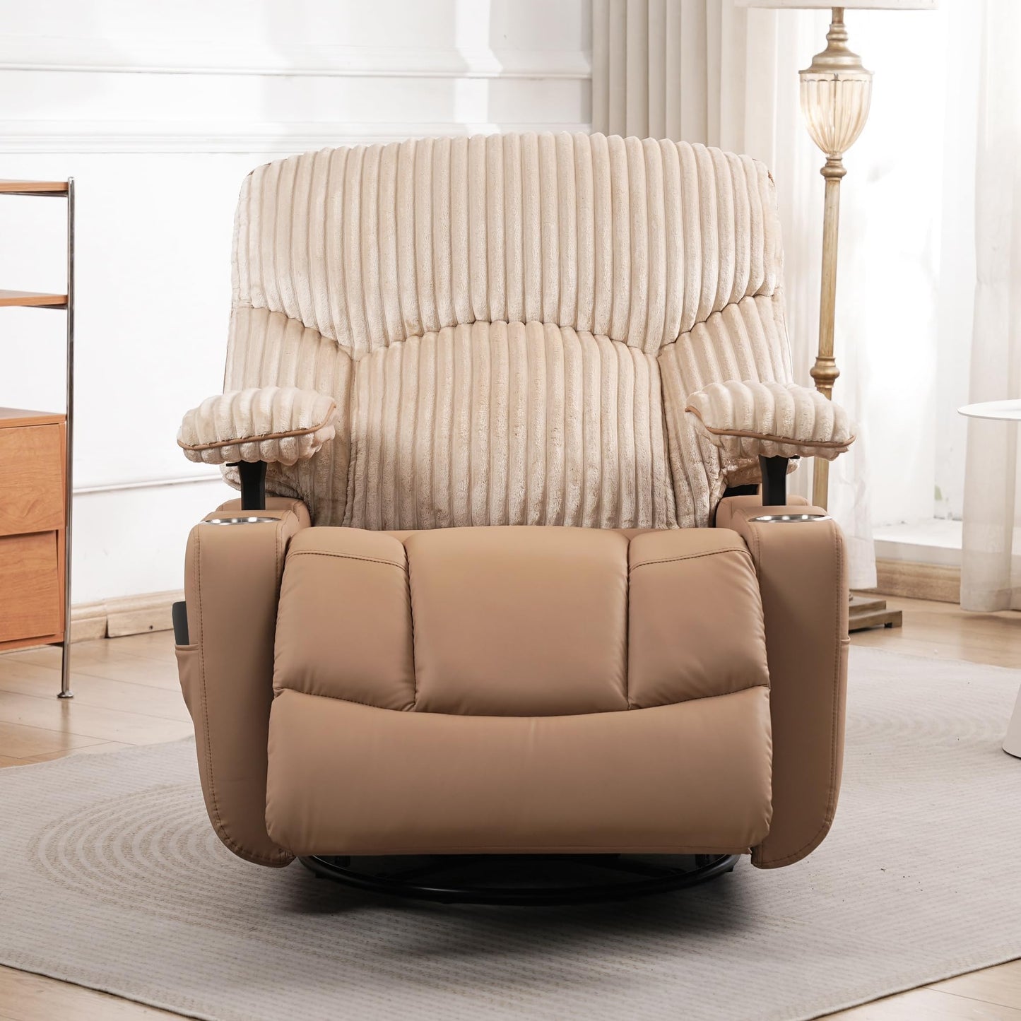 GRAINELL Rocking Chair Nursery, Electric Swivel Recliner Glider with Adjustable Armrests, Nursing Chair with USB Charger, Cup & Blanket Holders, Brown Corduroy & PU Leather