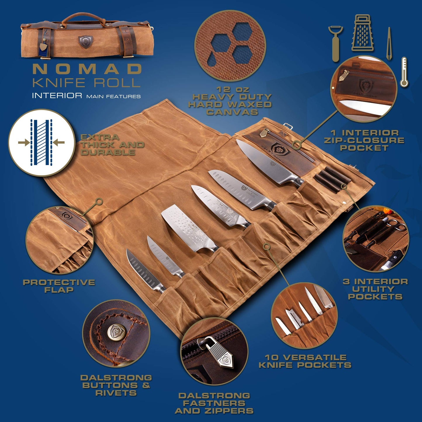Dalstrong Nomad Knife Wrap Roll - 12oz Waxed Canvas Top Grain Leather Knife Roll Bag- 13 Slots - Interior & Rear Zipper Pockets - Travel Storage with Blade