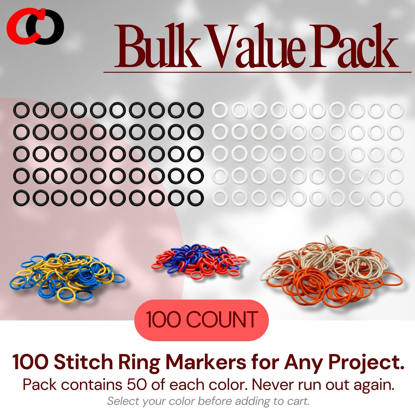 (100 Pack) Soft Stitch Ring Markers for Knitting and Crochet - Flexible, Snag-Free Rubber Stitch Markers (Large Size for Needle Sizes 17-35, Orange & White)