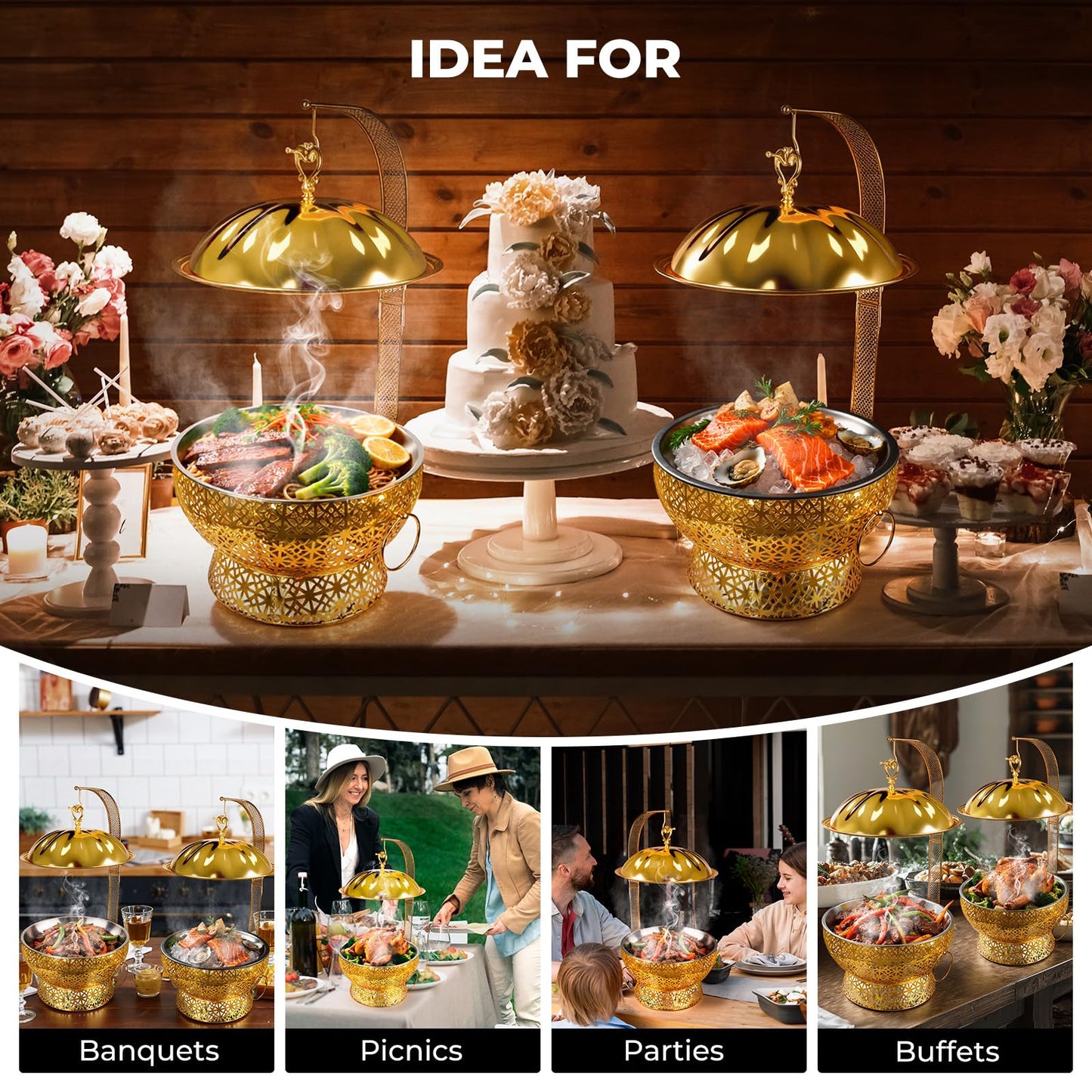 8QT Gold Chafing Dish Buffet Set, Luxury Stainless Steel Food Warmer, Elegant Hollow-Out Design Catering Server for Weddings, Parties, Hotel, Banquets, Christmas & Home Entertaining(2 pcs)