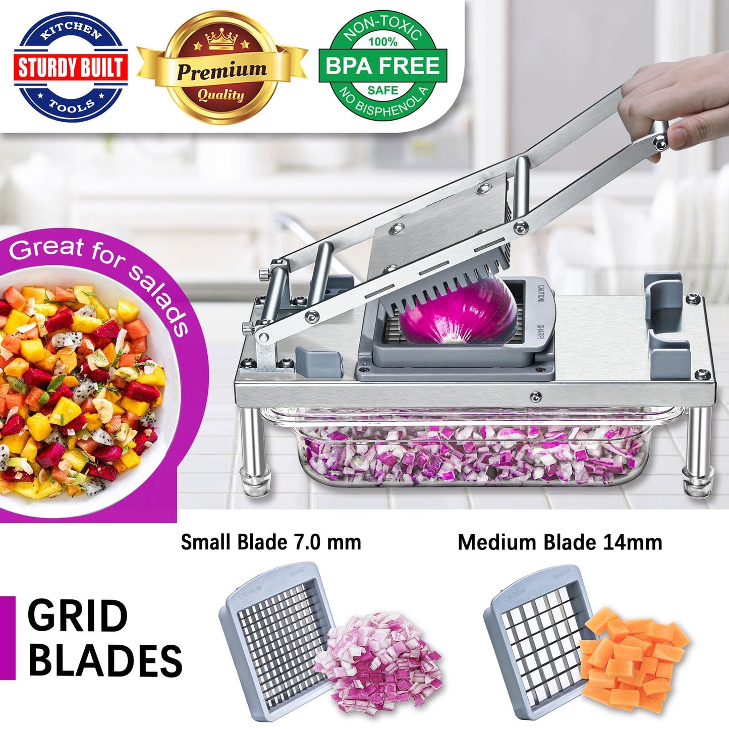Stainless steel Vegetable Chopper, Veggie Chopper With 8 Blades, Onion Dicer with Container, Food Cutter & Grater Mandoline Slicer