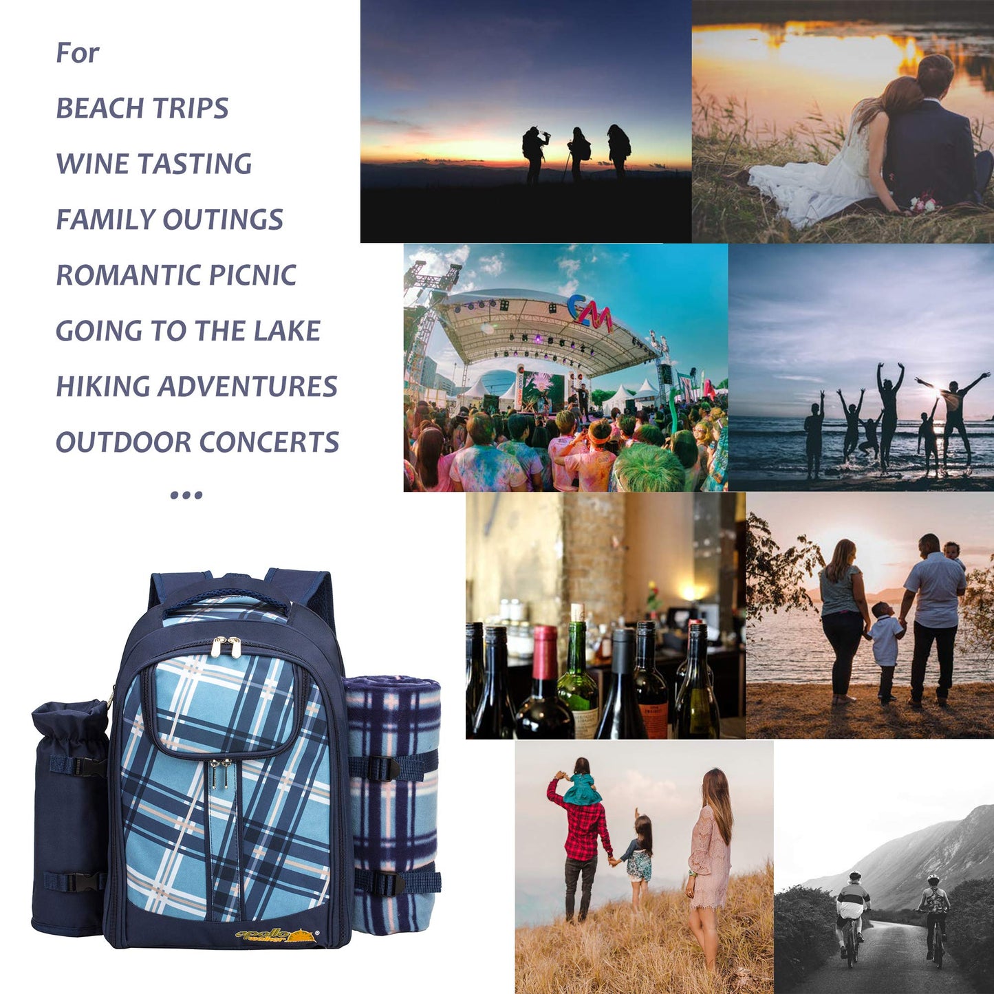 Apollo walker Picnic Backpack Set for 4 with Cooler Compartment,Detachable Bottle/Wine Holder Including Large Picnic Blanket(45"x 53") for Picnic Family and Lovers Gifts,Outdoor,BBQ Time (Blue)