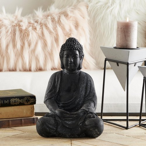 CosmoLiving by Cosmopolitan Ceramic Buddha Decorative Sculpture Meditating Home Decor Statue with Engraved Carvings and Relief Detailing, Accent Figurine 8" x 7" x 12", Gray