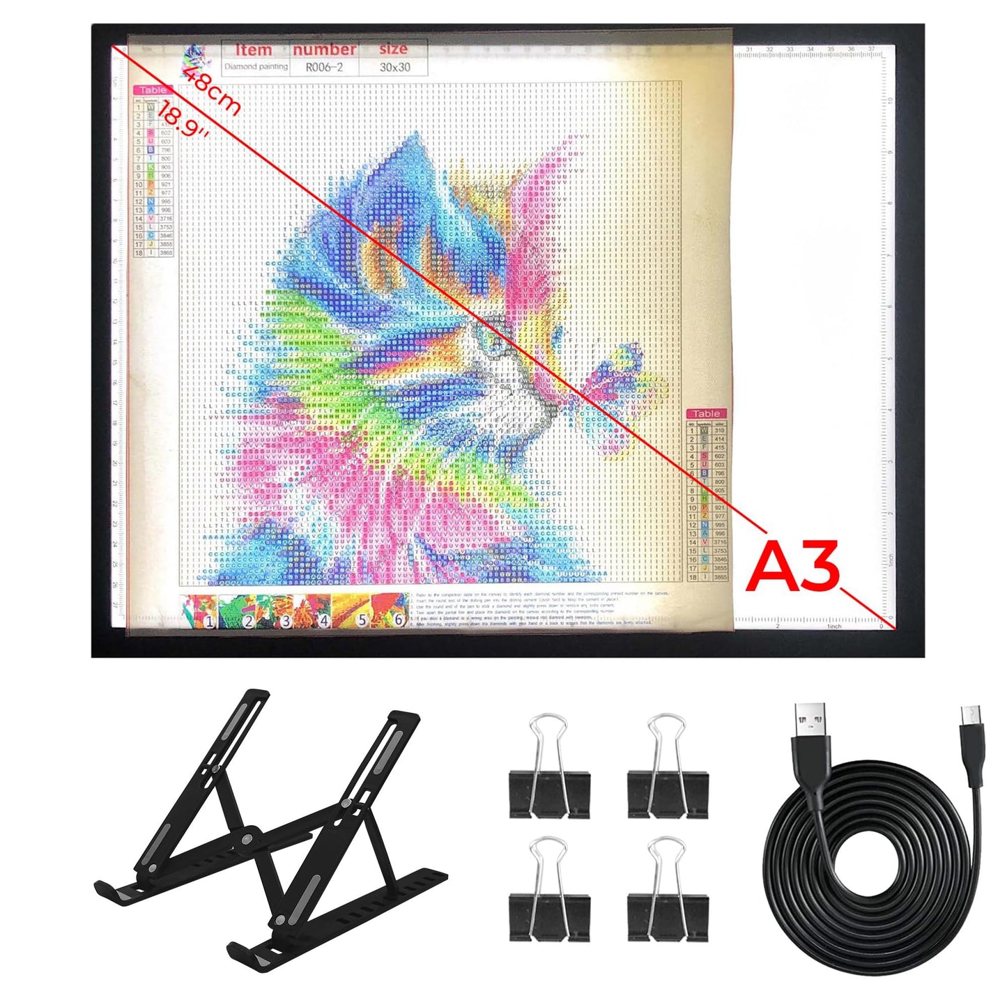 DONPODER A3 Light Pad for Diamond Painting with Stand, Diamond Art Light Board 5500 Lux,Tracing Light Box 10 Levels/Stepless Dimming Diamond Art for Sketching,Animation,Tattoo,Diamond
