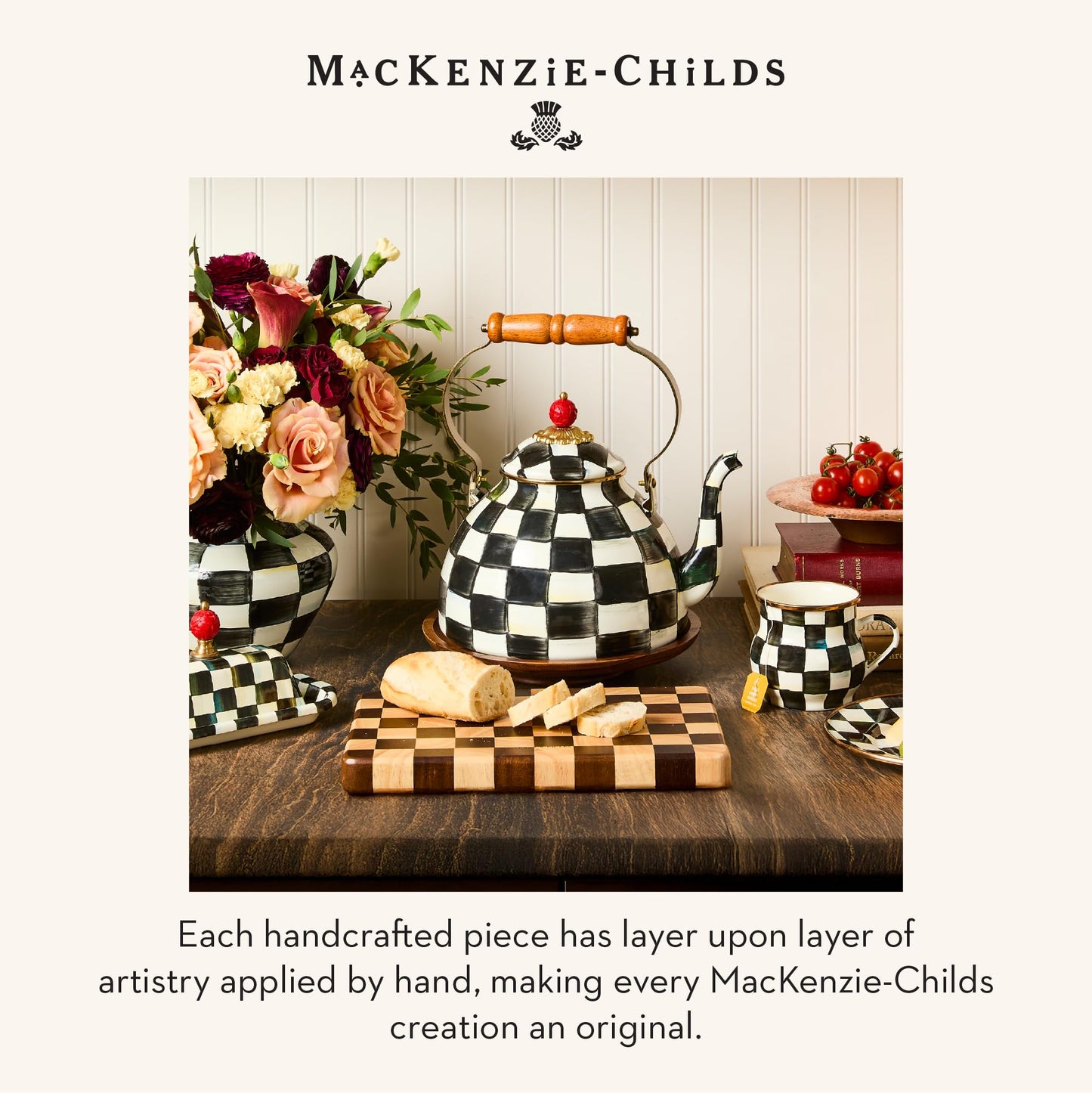 MACKENZIE-CHILDS Utensil Caddy Set with Kitchen Utensils, Black-and-White Courtly Check