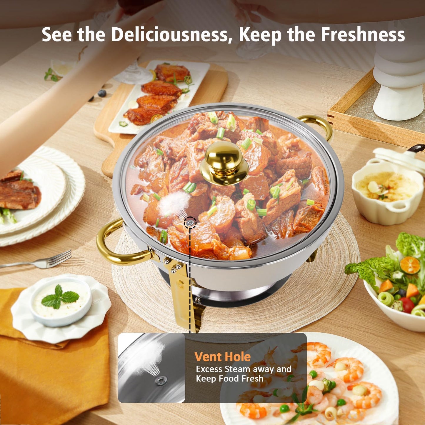 PRlJESSE 6QT Chafing Dishes for Buffet Set, Gold Round Chafing Dish Buffet Set with Glass Lid, chafers and Buffet Warmers Sets, Serving Food Warmer for Parties, Buffet (8 Pack)