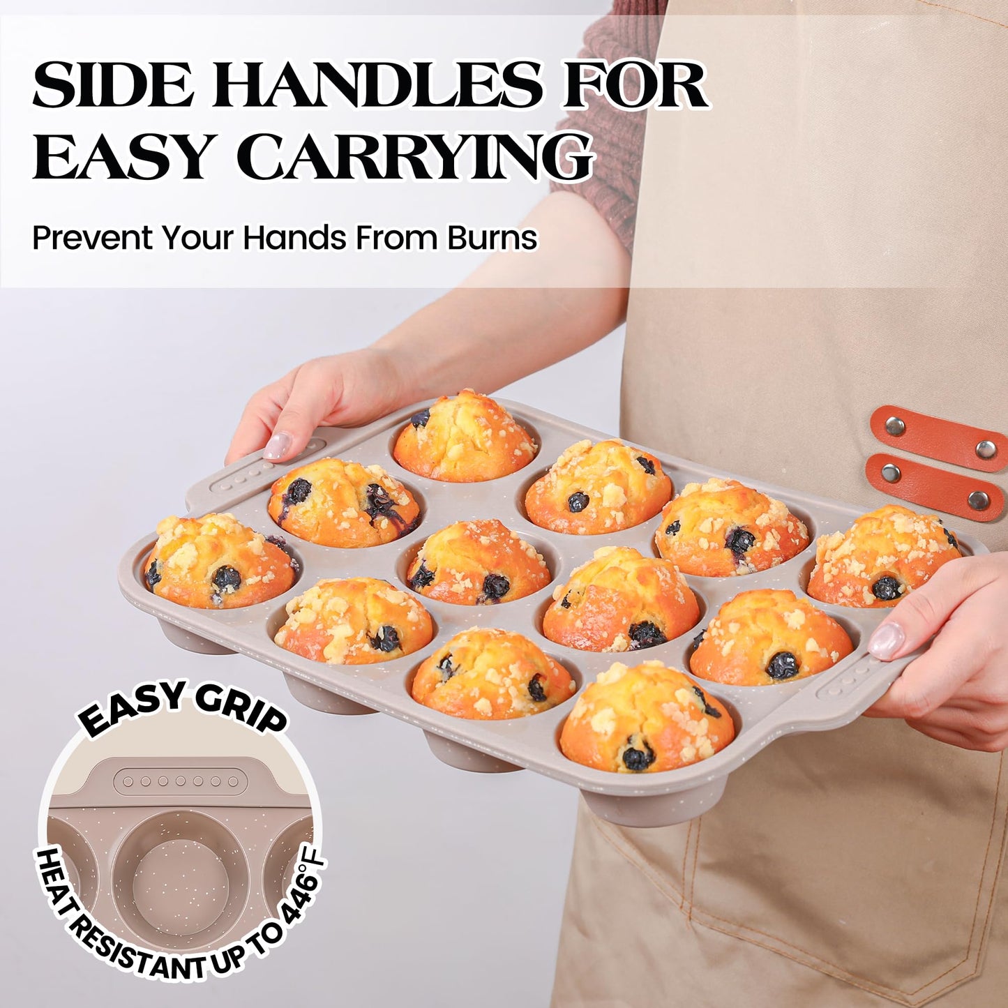 AOTASO 2 Pcs Silicone Muffin Pans for Baking with Metal Reinforced Frame, Nonstick Cupcake Tray for Oven, 12 Cups Regular Size Silicone Molds for Egg Bites, Dishwasher Safe (Brown, Cream)