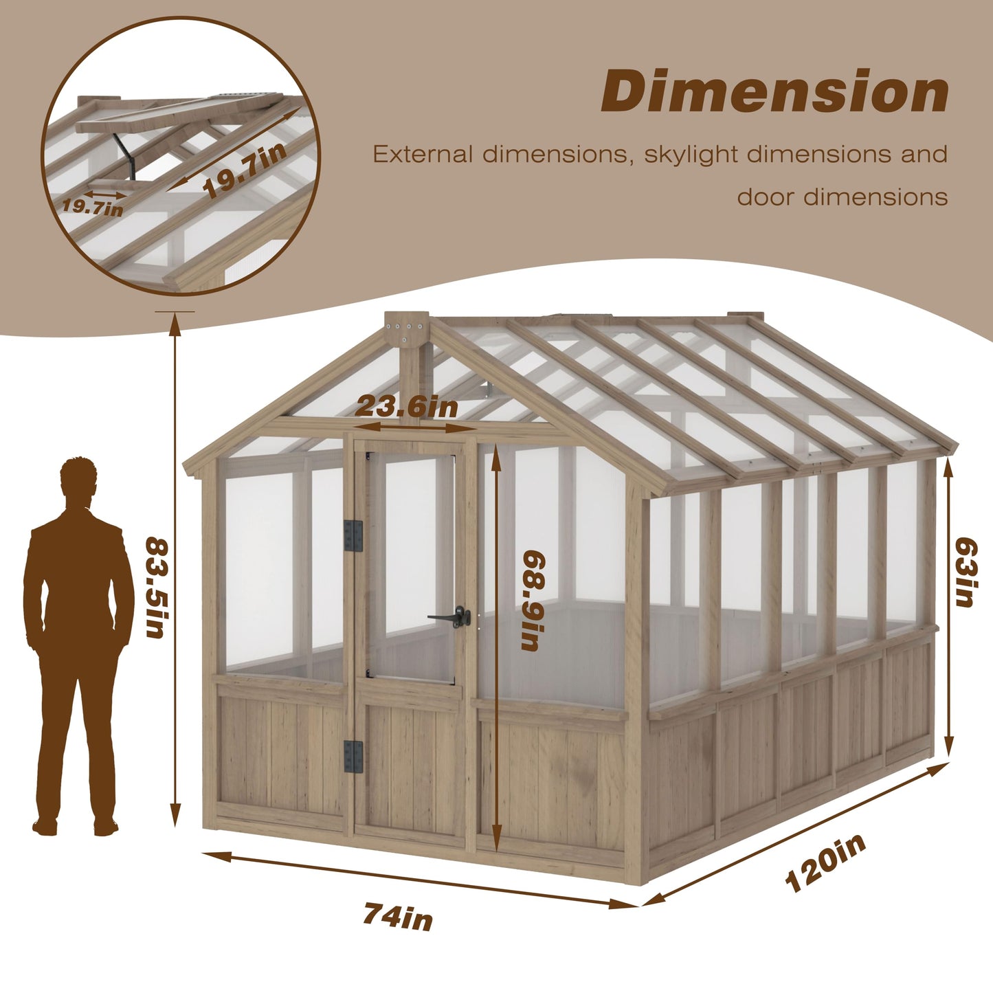Yardenaler 6x10 FT Green House for Outdoor, 6MM Thick Polycarbonate Panel Wooden Walk-in Greenhouse Kit with Lockable Door and Adjustable Roof Vent, Backyard Garden, Light Mocha Brown