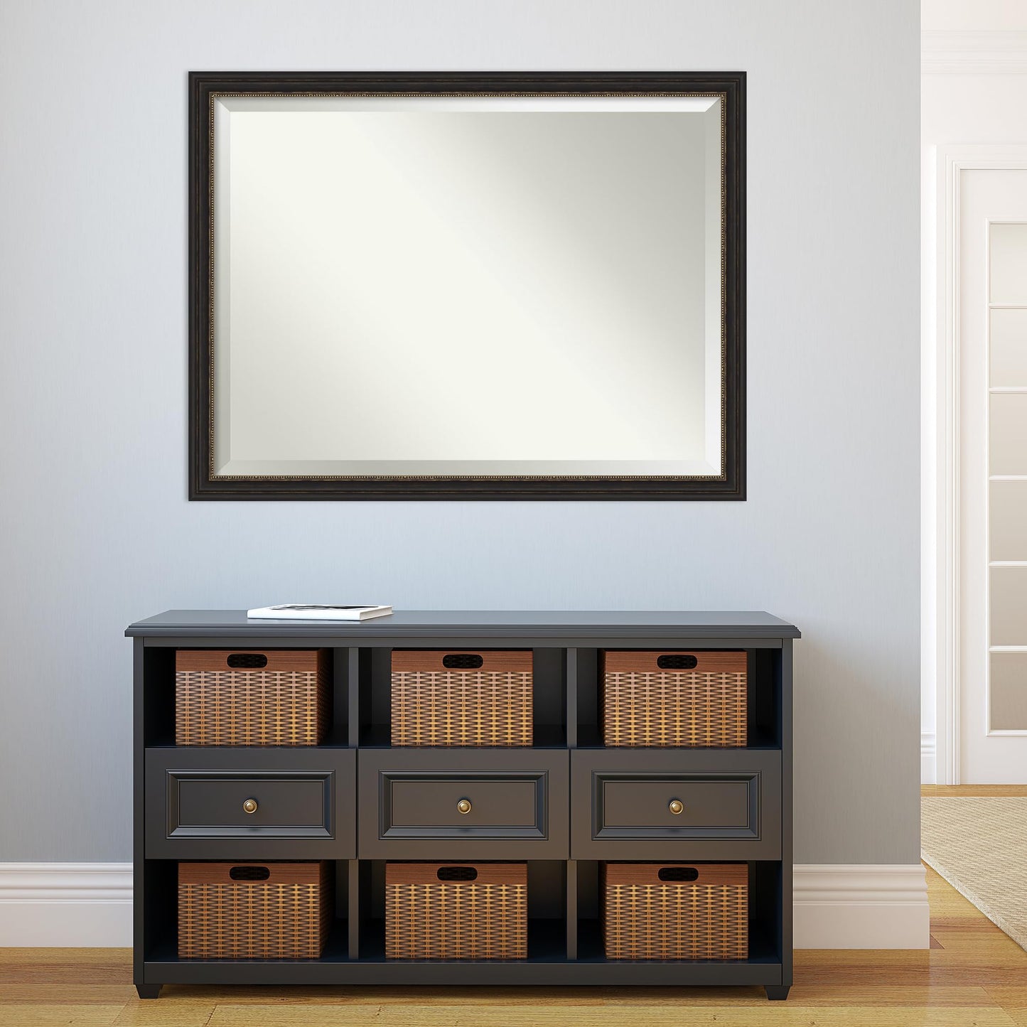 Amanti Art Bronze Wall Mirror 34x44 Accent Bronze Narrow Rectangle Bathroom Mirror for Wall Decor Living Room, X-Large Traditional Frame, Hangs Horizonally and Vertically, Bathroom Decor, Beveled Edge