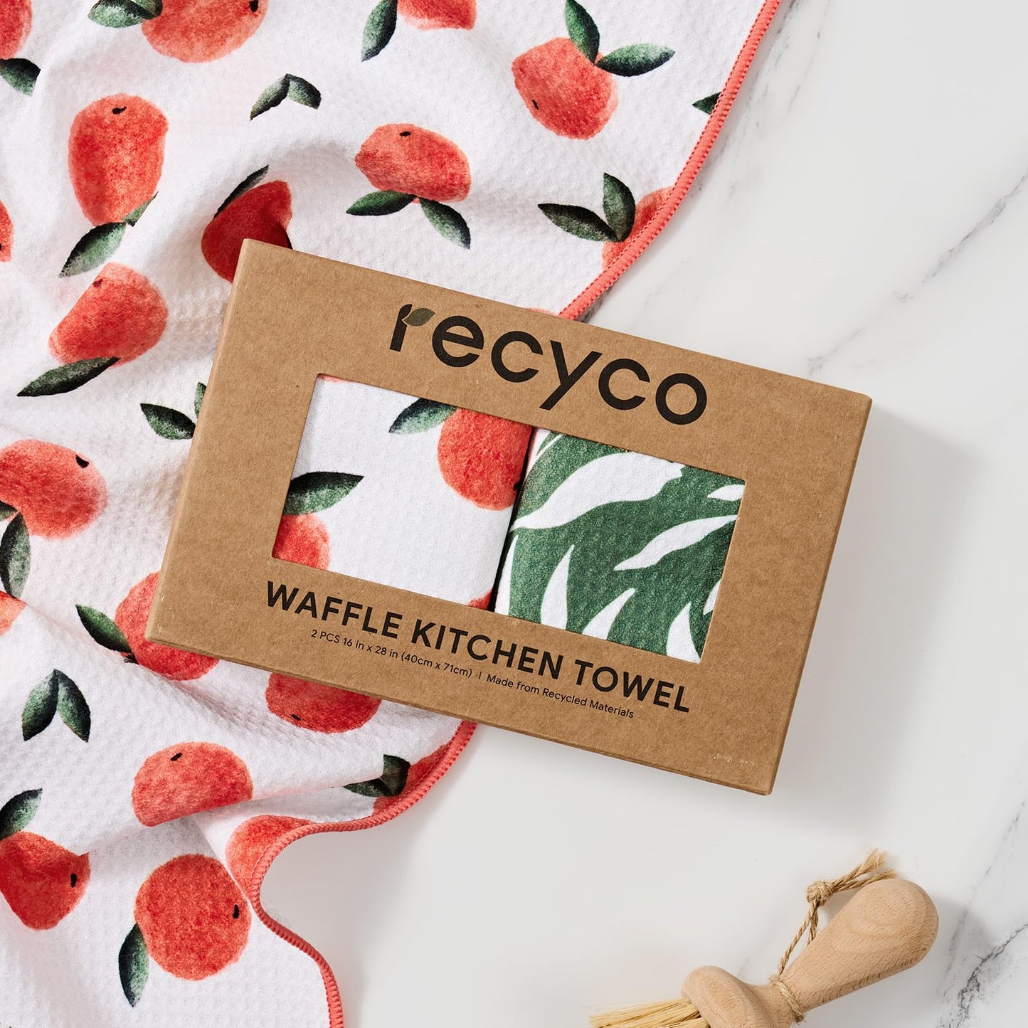 RECYCO Waffle Kitchen Towel Set of 2 - Quick Dry Microfiber Sustainable Dish Towels - Ultra Absorbent Reusable Cleaning Tea Towels - Lightweight Hand Towels,16”x 28”, Peachy Leaves