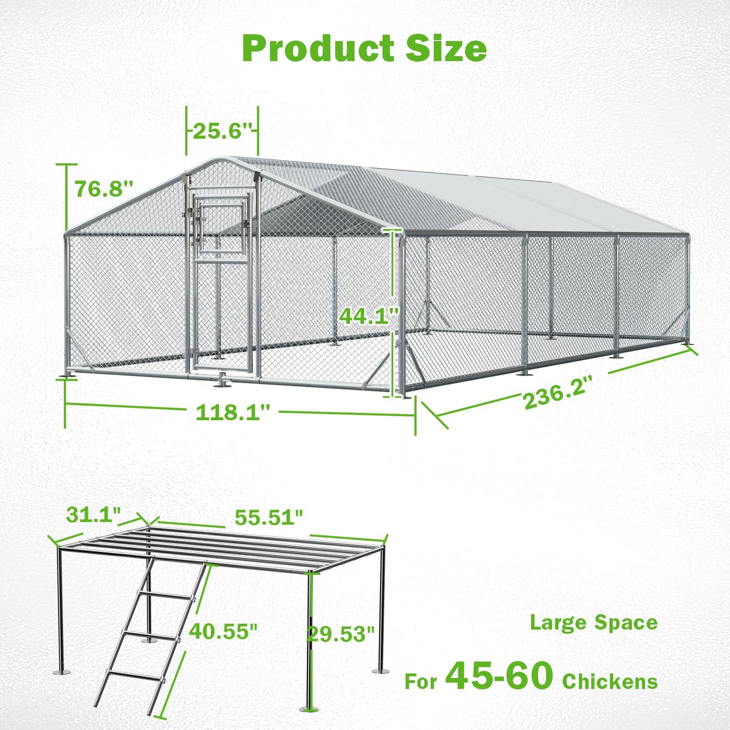 10x20FT Metal Chicken Coop, Large Chicken Run with Dutch Door Chicken Perch, and 2 Cover, Walk in Duck Coop for Backyard Poultry and Pet Farming