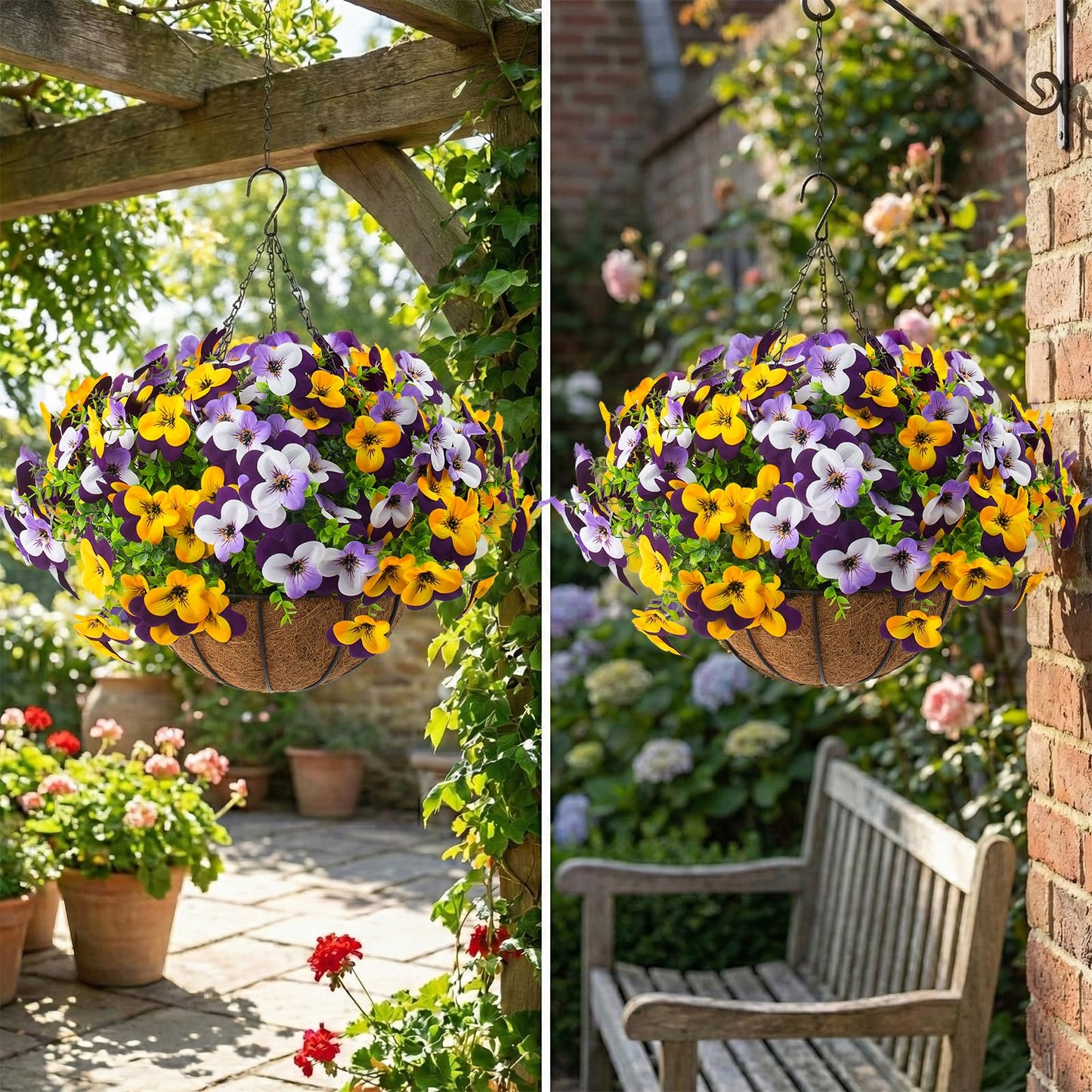 2 Set Artificial Outdoor Pansy Flowers with Hanging Baskets, 2 Hanging Baskets with 24 Pcs Silk Flowers for Spring Easter Decorations Porch Patio Home Decor (2, Purple, Yellow, White, Light Purple)