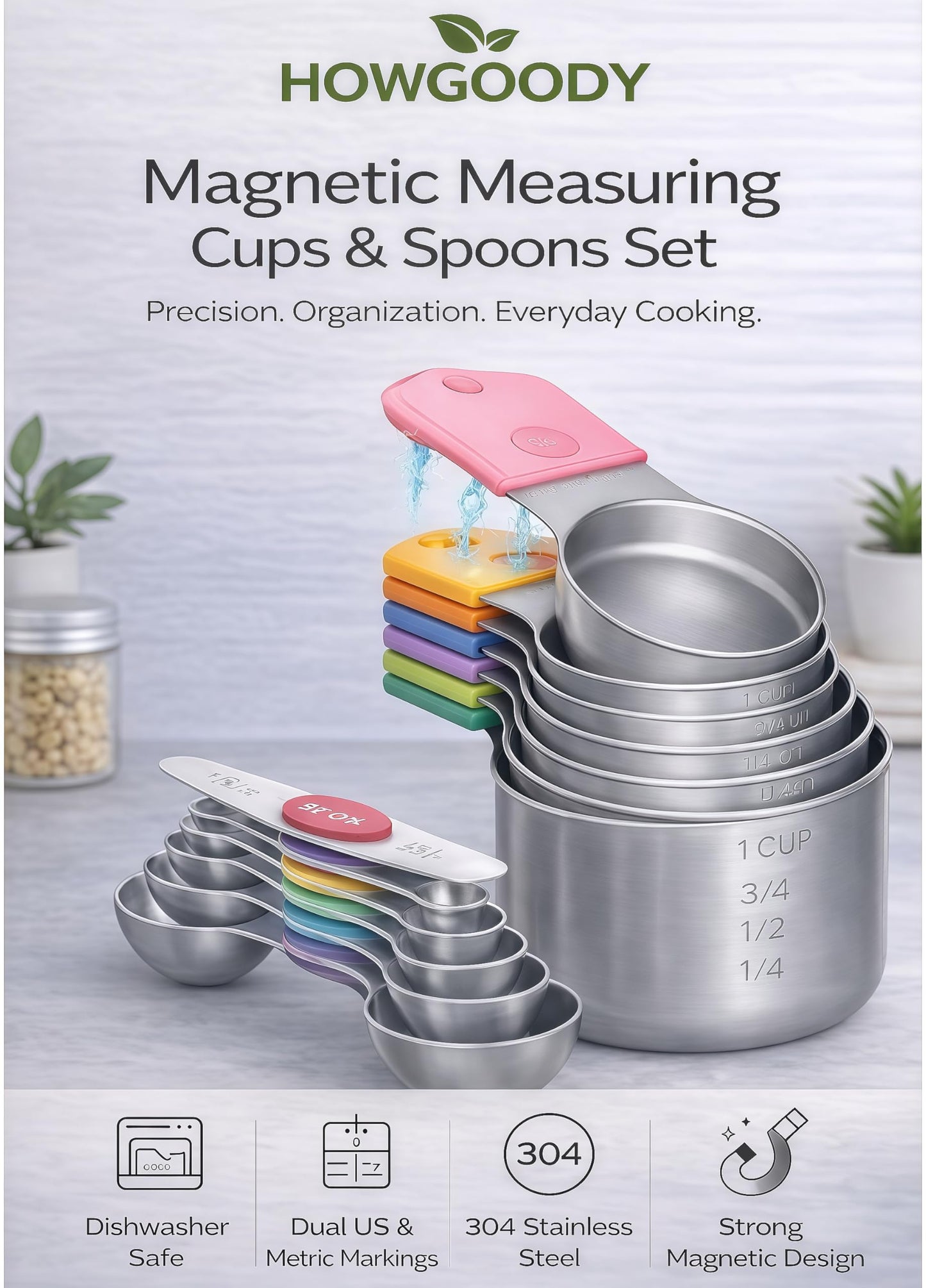 HOWGOODY Magnetic Measuring Cups and Spoons Set304 Stainless Steel Dual Scale Set of 15, Strong N52 Magnetic Nesting Design with Leveler, for Dry&Liquid Ingredients, Dishwasher Safe(Colorful)