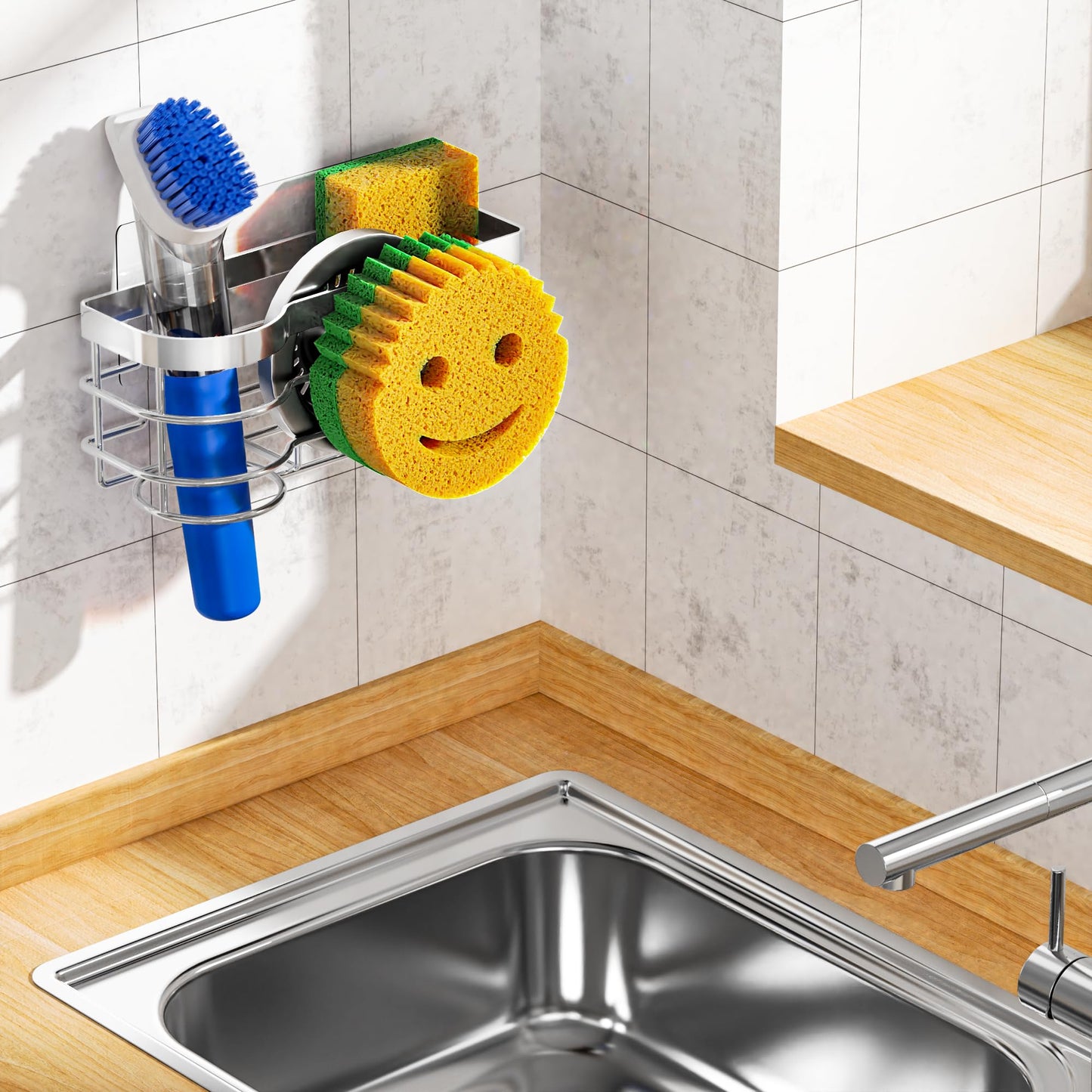 Cisily Smiley Sponge Holder for Kitchen Sink Caddy, Stainless Steel Movable Brush Holder Dish Cloth Hanger, Suction Cup Sink Caddy Organizer Scrubber Accessories (Silver)