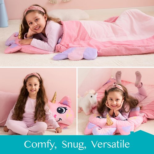 JOIEDOMI Kids Sleeping Bag Toddler Nap Mat with Pillow & Blanket 60" x 39" for Kids Ages 3+ Soft Plush Sleeping Mat Unicorn for Preschool and Boys Girls Kindergarten Daycare Sleepover