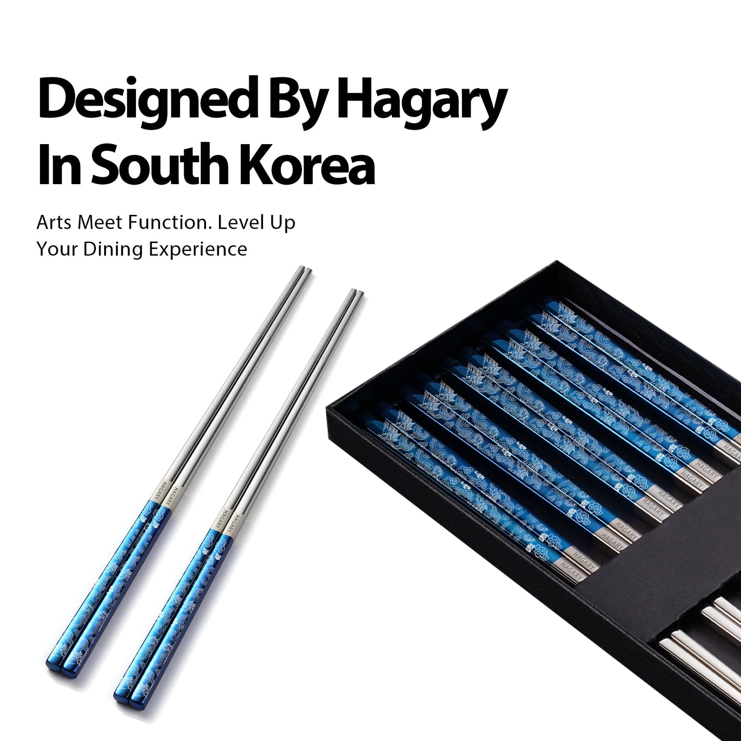 Hagary Dragon Chopsticks Metal Reusable Designed In Korea Japanese Style Stainless Steel 316 18/10 Non-Slip Dishwasher Safe Laser Etched (Blue - 5 Pairs)