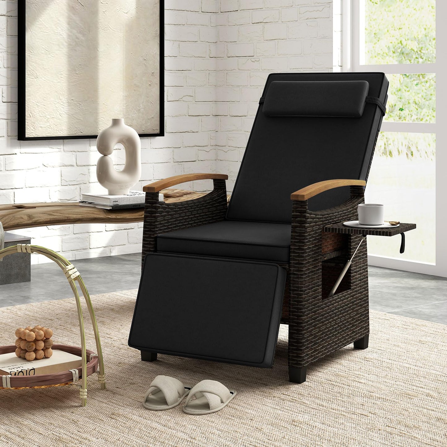 RELAX4LIFE Rattan Outdoor Recliner Chair - Wicker Chaise Lounge Chair w/Adjustable Back & Footrest, Acacia Wood Armrests, Flip Side Table, Cushion, Reclining Patio Chair for Pool Yard (2, Black)