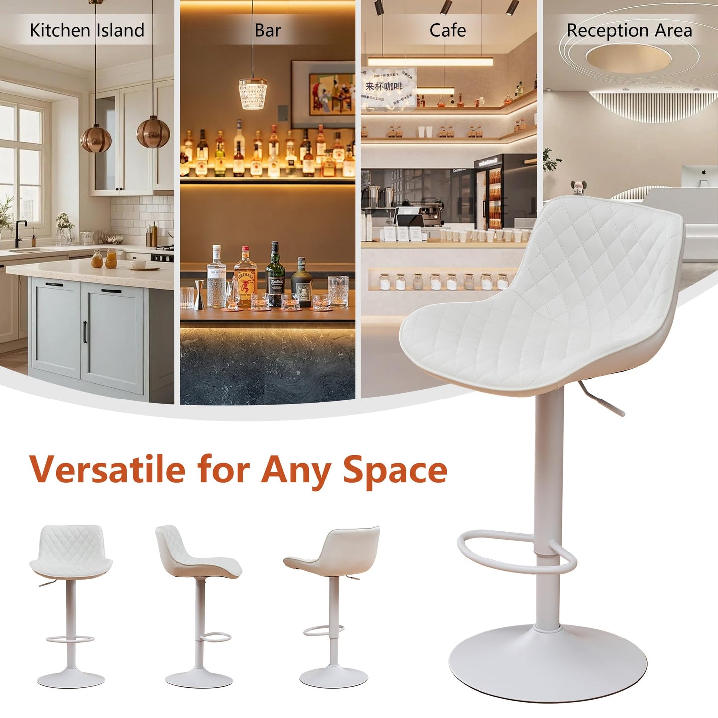 YOUTASTE All White Bar Stools Set of 2, Upholstered Counter Height Bar Stool, Adjustable Swivel Faux Leather Barstools, with Padded Back, Metal Base, Kitchen Chairs for Home Island