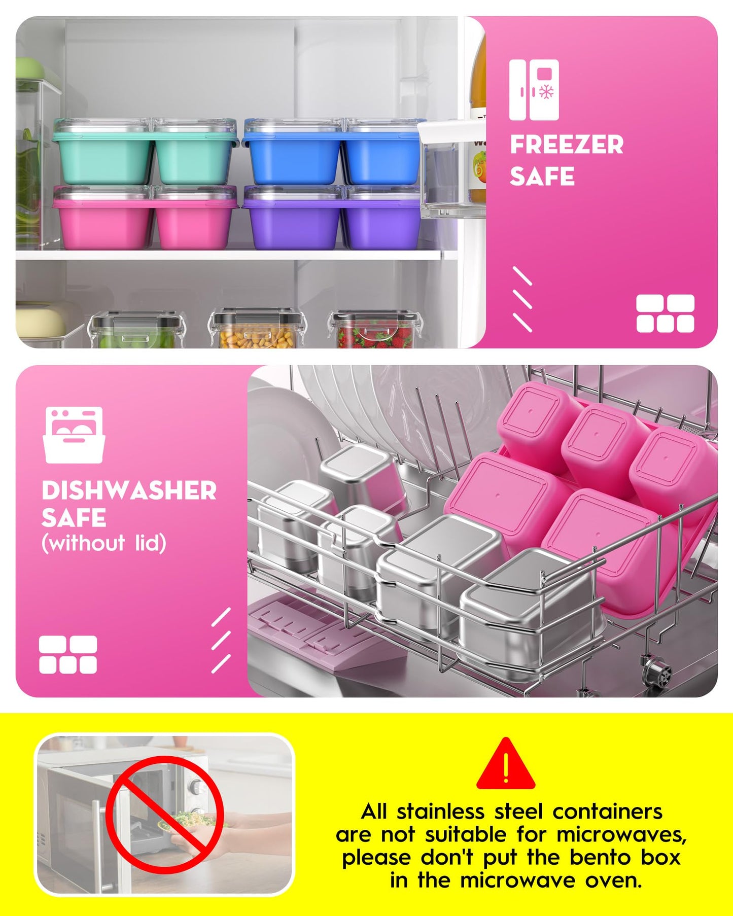BiuLeon Snackle Box Containers, Stainless Steel 5 Compartments Divided Serving Tray with Lid, Removable LeakProof Portable Bento Box for Fruit Candy Nuts Food - School, Picnic and Travel(Pink)