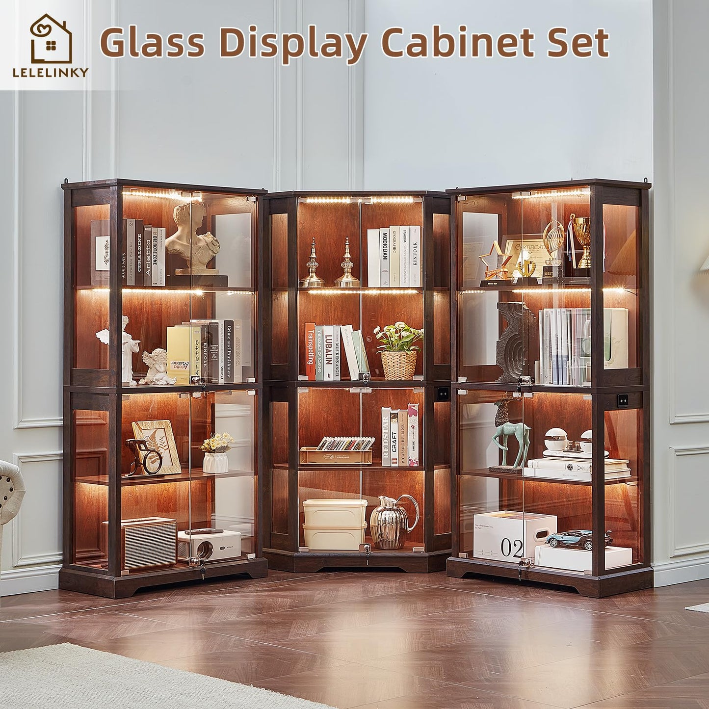 LELELINKY Farmhouse Glass Display Cabinet Set of 2 with Doors, Corner Curio Cabinet for Collectibles, Wooden Display Cabinets for Home, Office, Living Room, Corner, Walnut