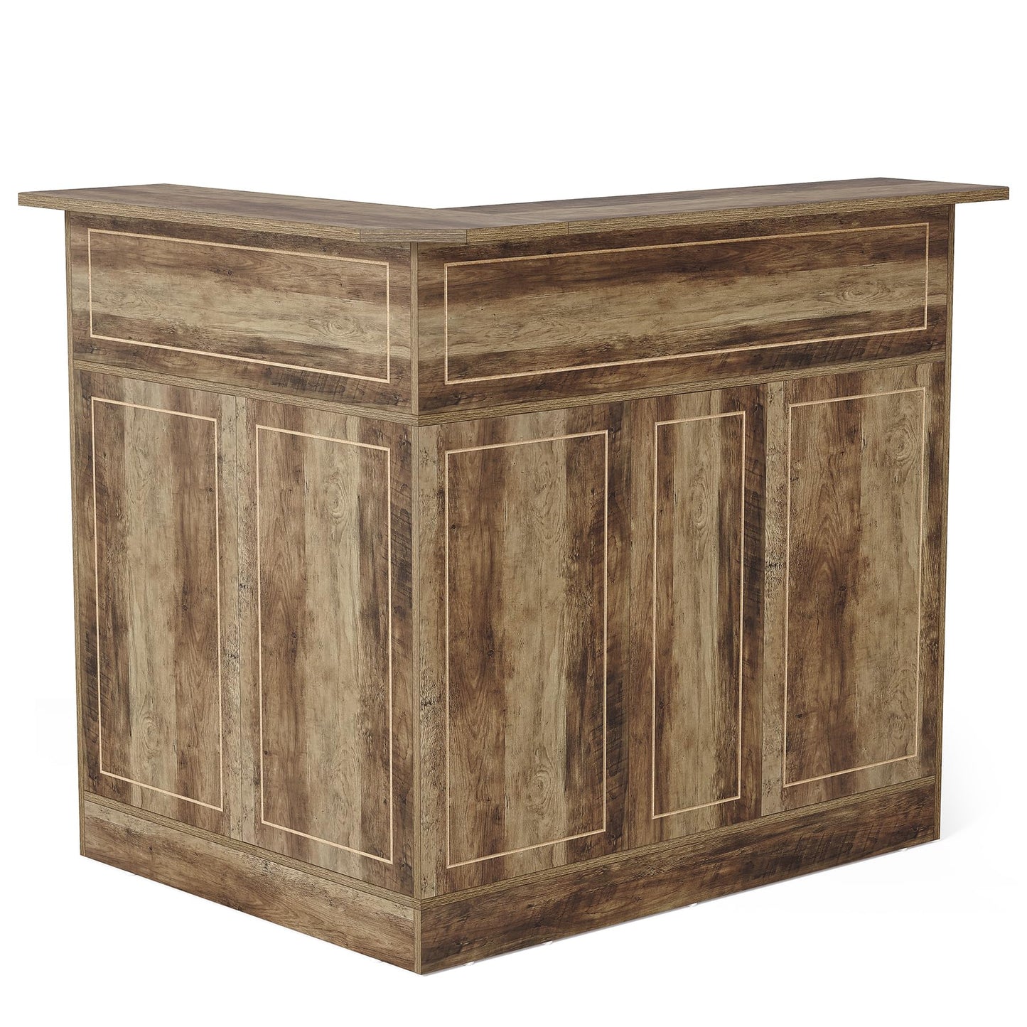 LITTLE TREE Home Bar Cabinet, 4-Tier Mini Bar Cabinet with Stemware Rack, Freestanding Wooden Bar Cabinet, L-Shaped Liquor Table Cabinet for Living Room, Dining Room, Rustic Brown
