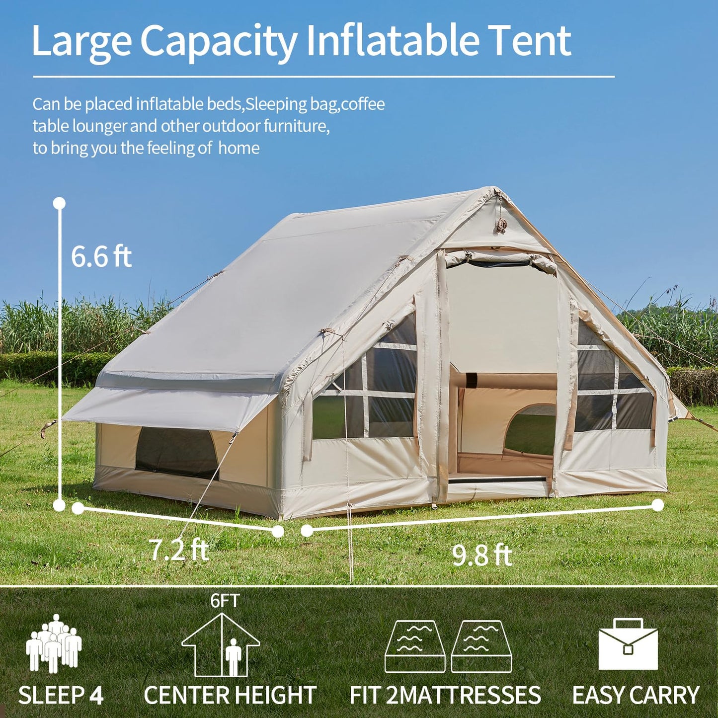 Inflatable Tent with Pump, 4-6 Person Glamping Camping Tents House, Easy Setup Blow Up Family Tents for 4 Seasons Waterproof Inflatable Tent for Camping Wind Resistant Air Tents House for Adult