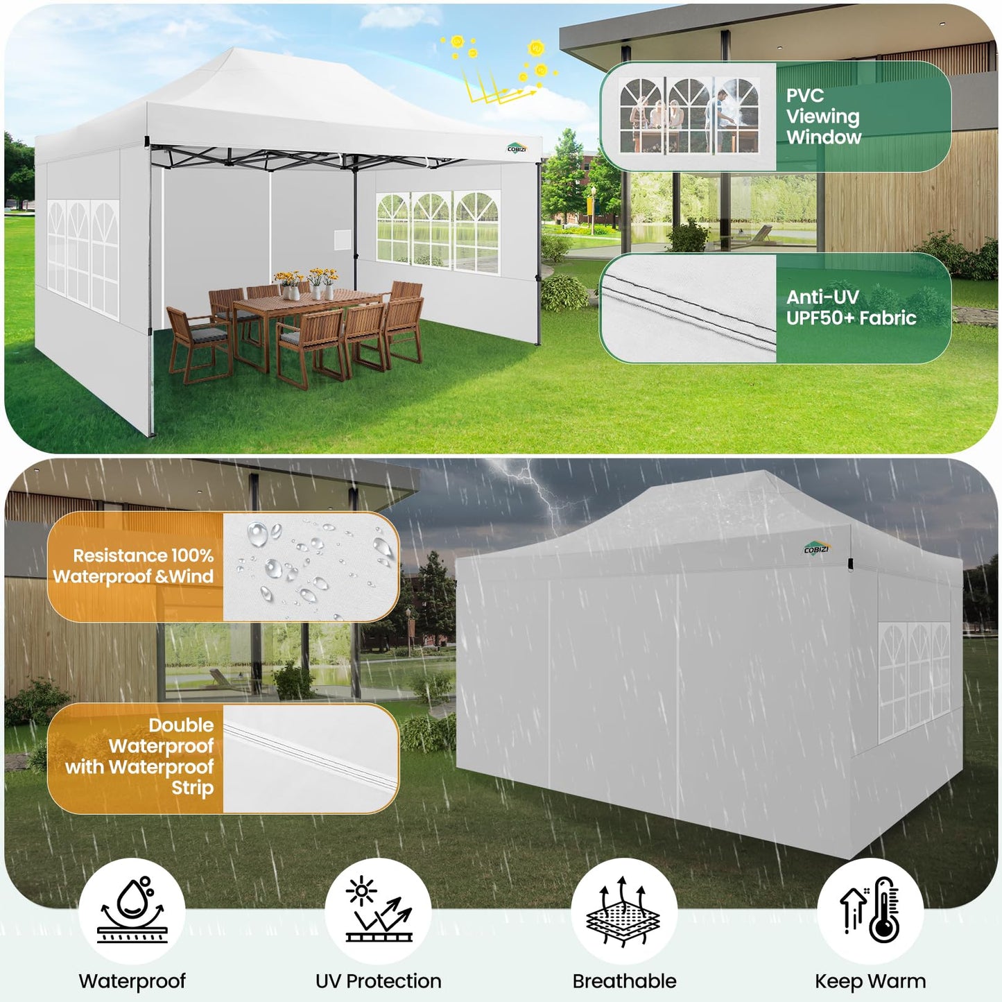 COBIZI 10x15 Heavy Duty Pop up Canopy Tent with 4 sidewalls Commercial Outdoor Canopy Wedding Party Tents for Wedding All Season Wind & Waterproof Gazebo with Carry Bag, White(Frame Thickened)
