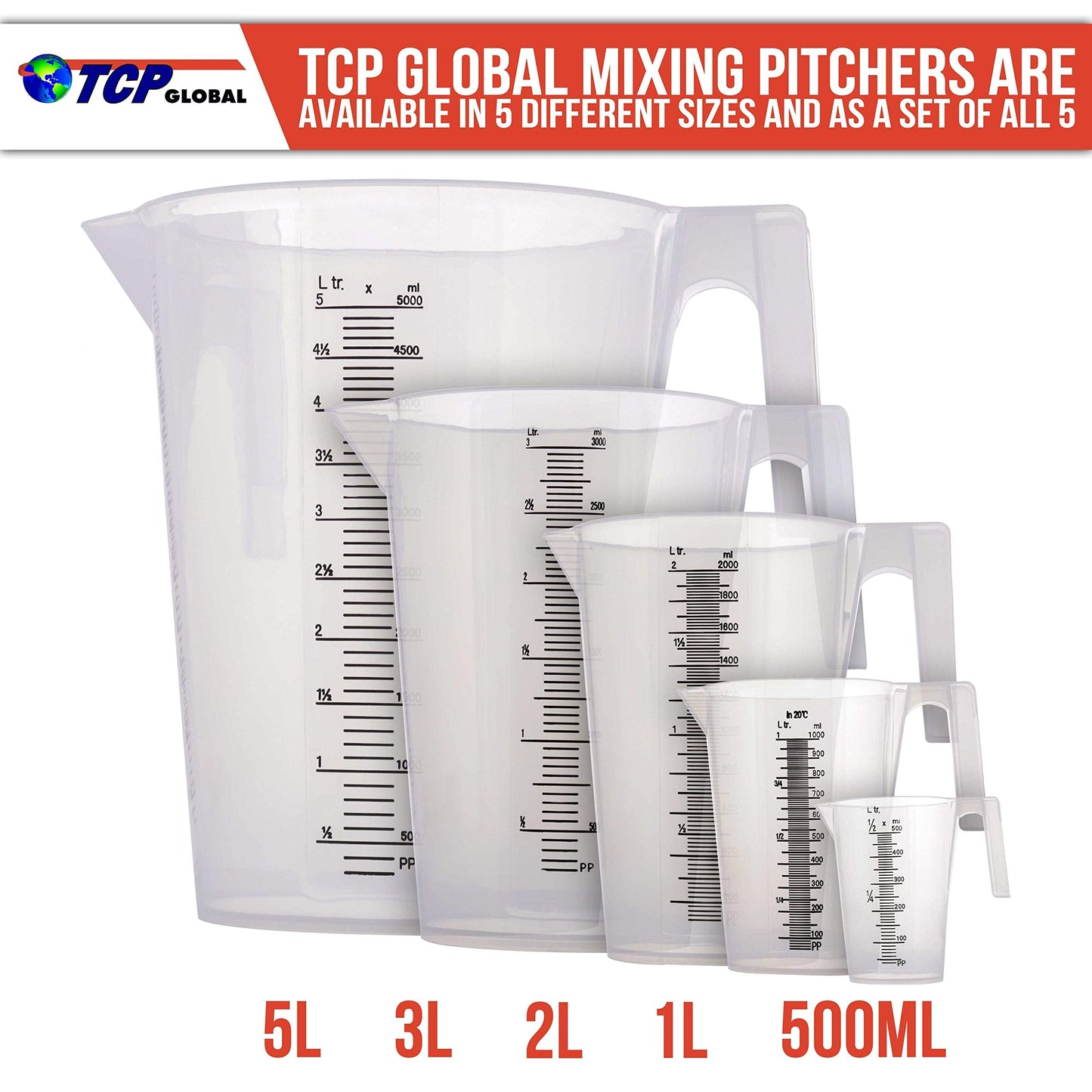 TCP Global 5 Piece Set of Plastic Graduated Measuring and Mixing Pitchers - 500, 1000 Quart, 2000, 3000, 5000 ml Gallon Sizes - Pouring Cups, Measure & Mix Paint, Resin, Epoxy, Kitchen Cooking Baking