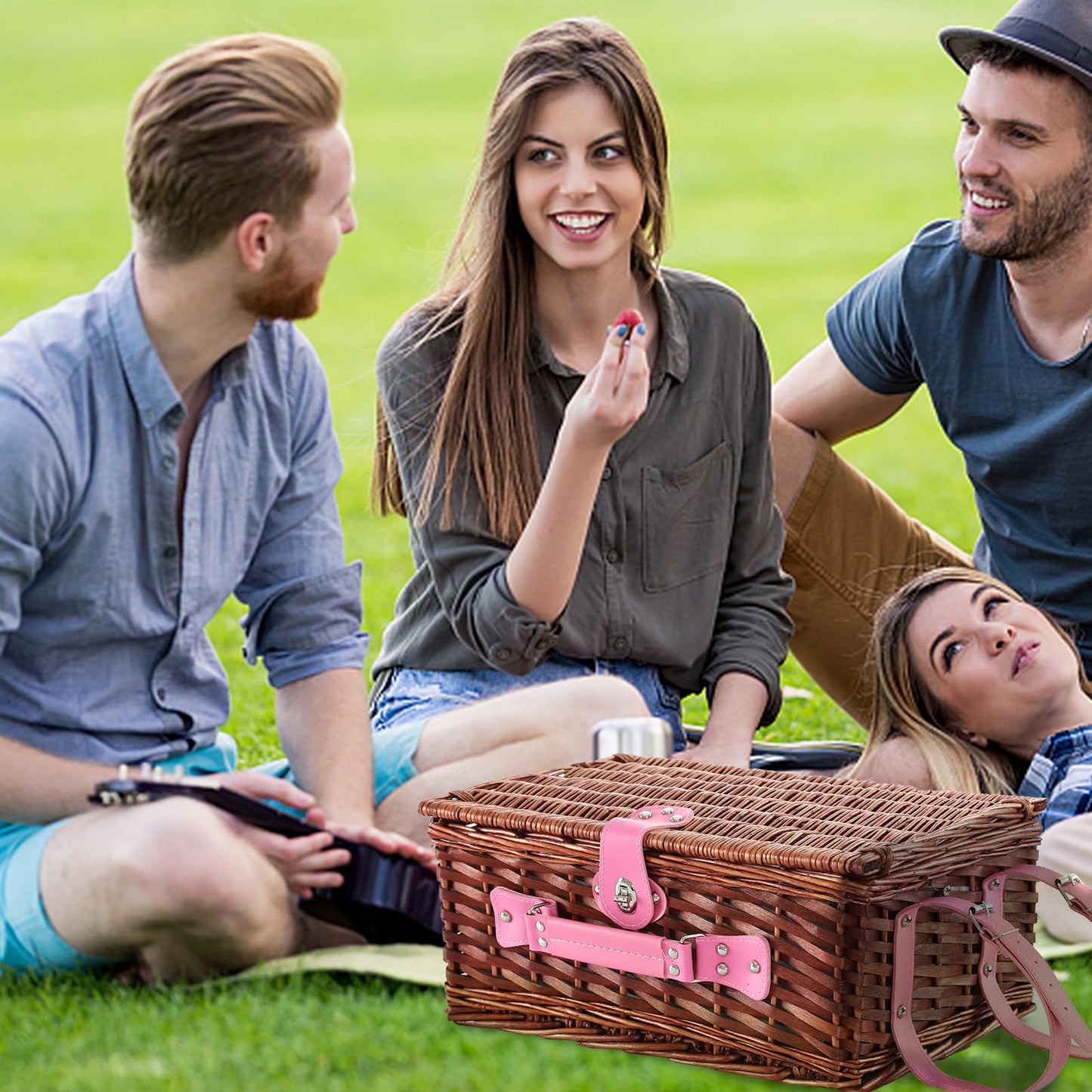 YPshuye Picnic Basket Set for 4 with Waterproof Blanket Mat Insulation Bag Wicker Pink Stripe Classic Fresh Gift for Christmas Thanksgiving Wedding Birthday Camp Outdoor Beach Travel