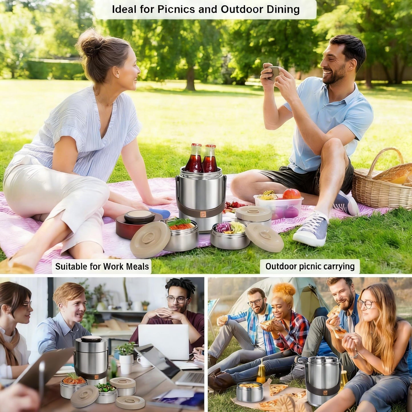 Pawovdeq 67 oz Adults Stainless Steel Vacuum Insulated Wide Mouth Soup Food Thermo Hot Food Jar with Keep Thermal Portable 3 Tier Stackable Bento Hot Food Containers Lunch Boxes (67 oz Silver)