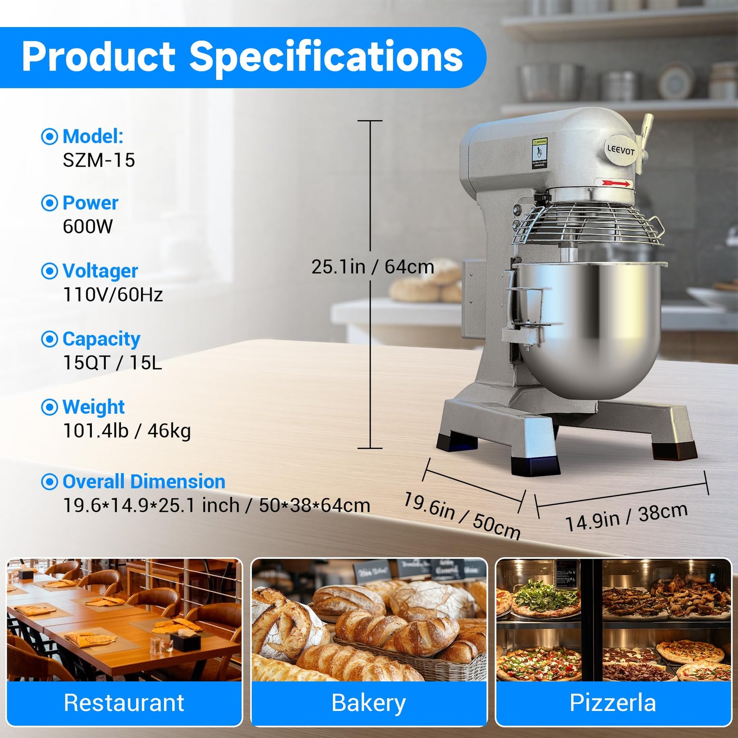 EKway 15Qt Commercial Food Mixer with Timing Function,600W Commercial stand mixer 3-Speed Adjustable,Electric Heavy Duty Dough Mixer with Stainless Steel Bowl for Bakery Pizzeria