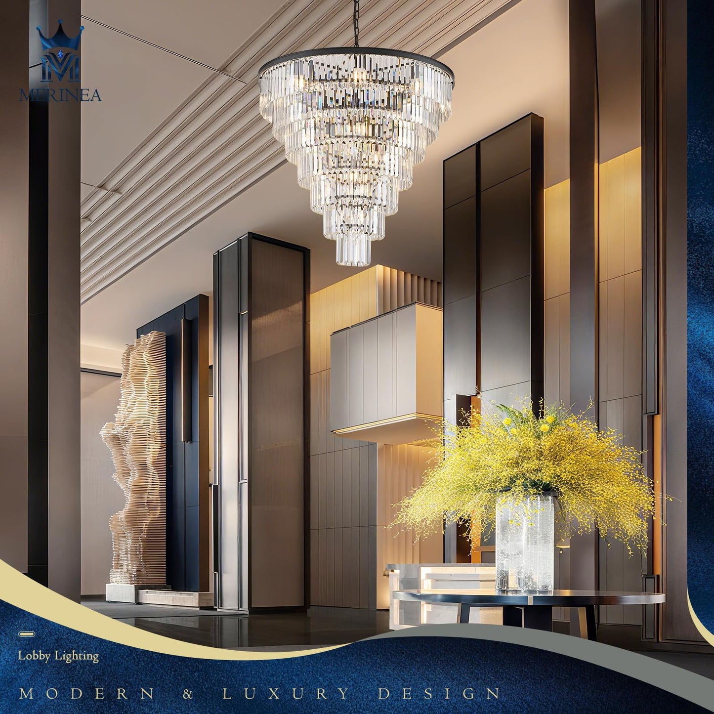 MERINEA Large Black Crystal Chandelier 36" Round Chandeliers for Staircase Modern 22 Lights 7-Tier Luxury K9 Crystal Ceiling Pendant Lighting Fixture for High Ceiling Living Room Foyer