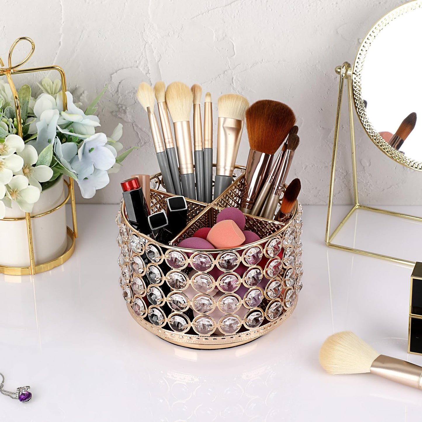 BTSKY Crystal 360 Degree Rotating Desk Organizer Decorative Storage Box with 4 Compartments, Glitter Metal Makeup Brush Holder Elegant Storage Caddy Home Decor Gift for Women, Round-4 Slots Gold